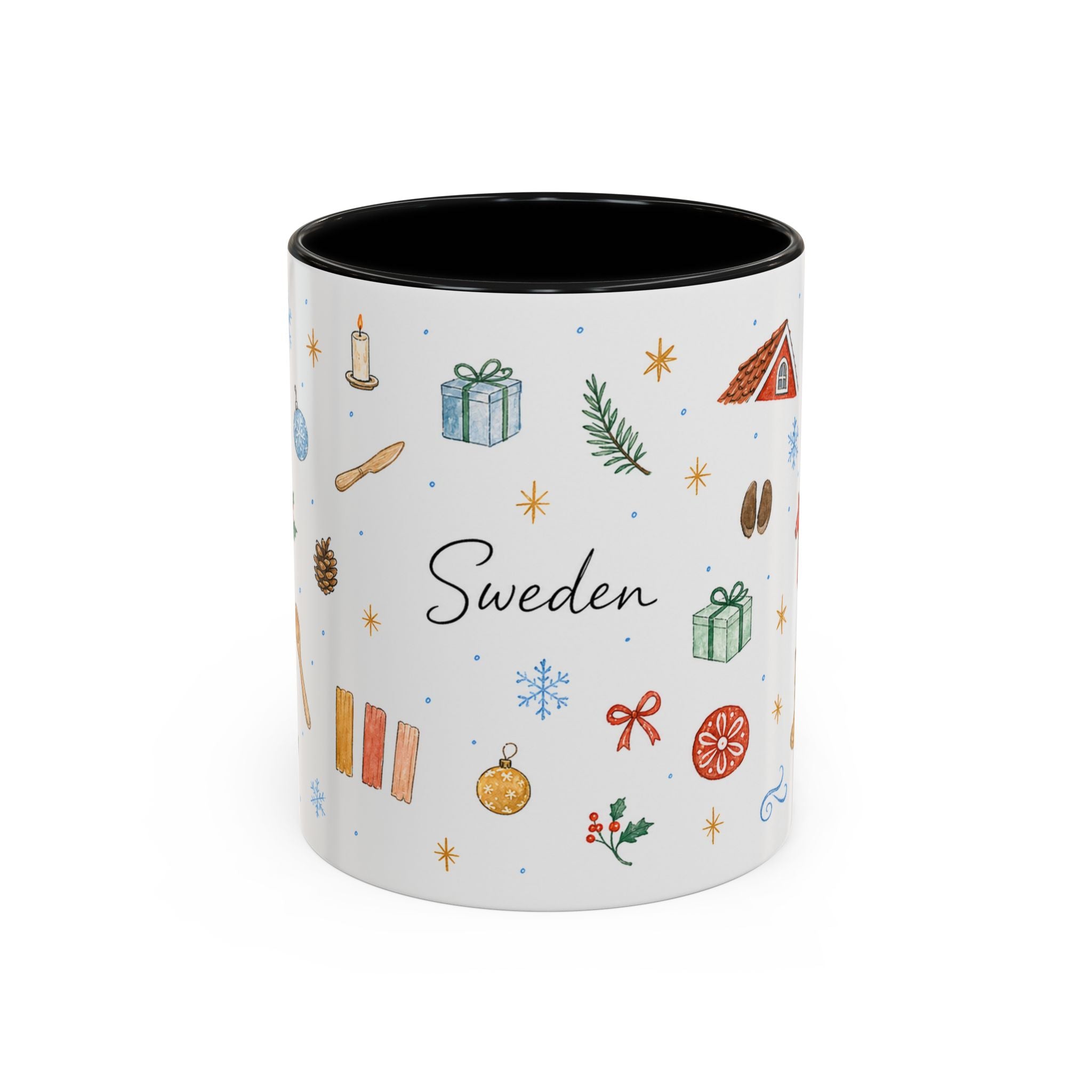 Sweden Christmas Mug | Watercolor Travel Souvenir | Holiday Gift | Accent Ceramic Coffee Cup 11oz 15oz