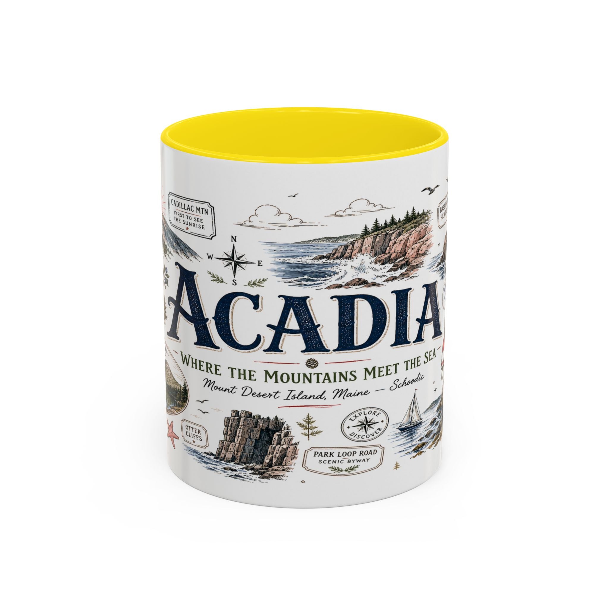 Acadia Coffee Mug | National Park Hiking Coastal Gift | Accent Color Ceramic 11oz 15oz