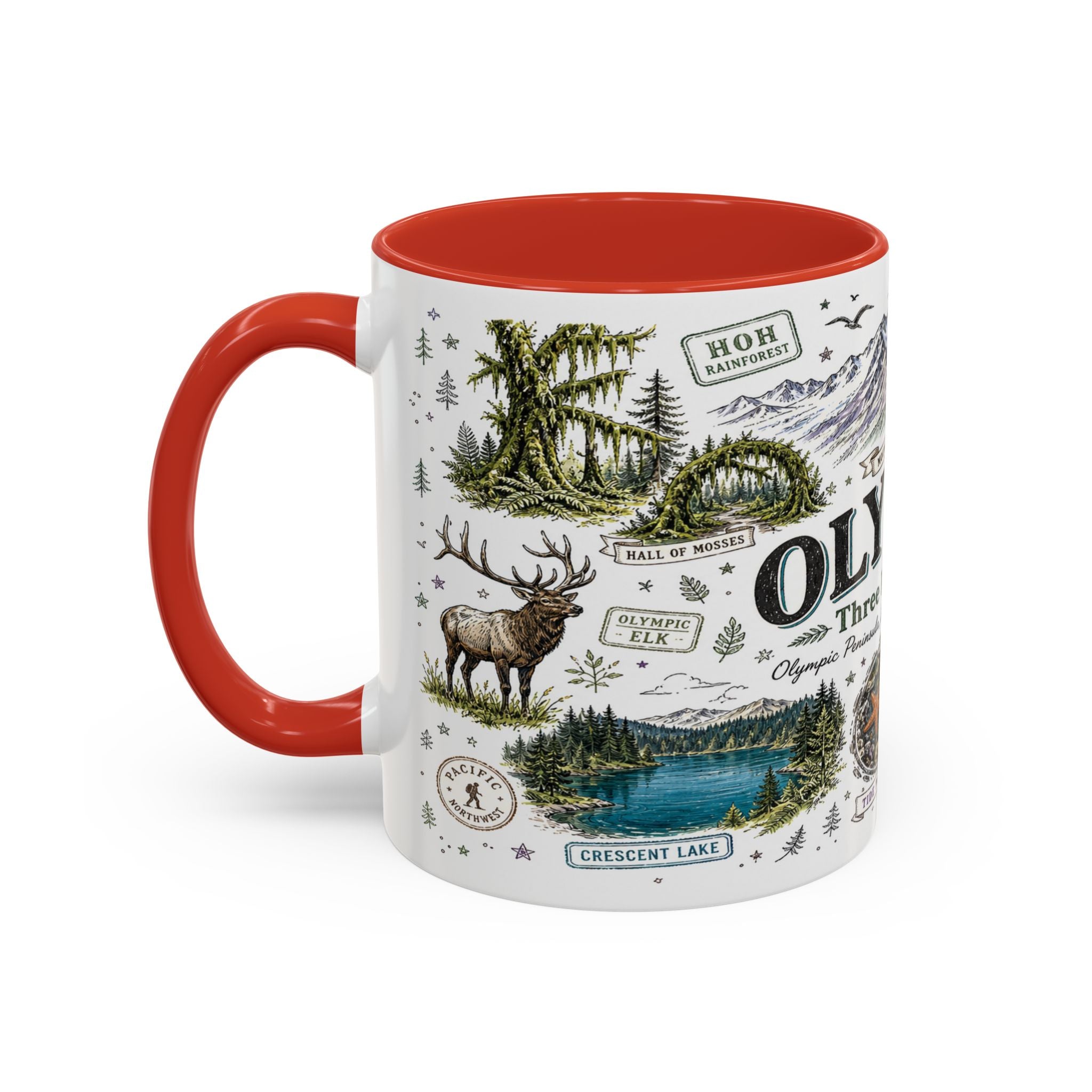 Olympic Coffee Mug | National Park Hiking Rainforest Gift | Accent Color Ceramic 11oz 15oz