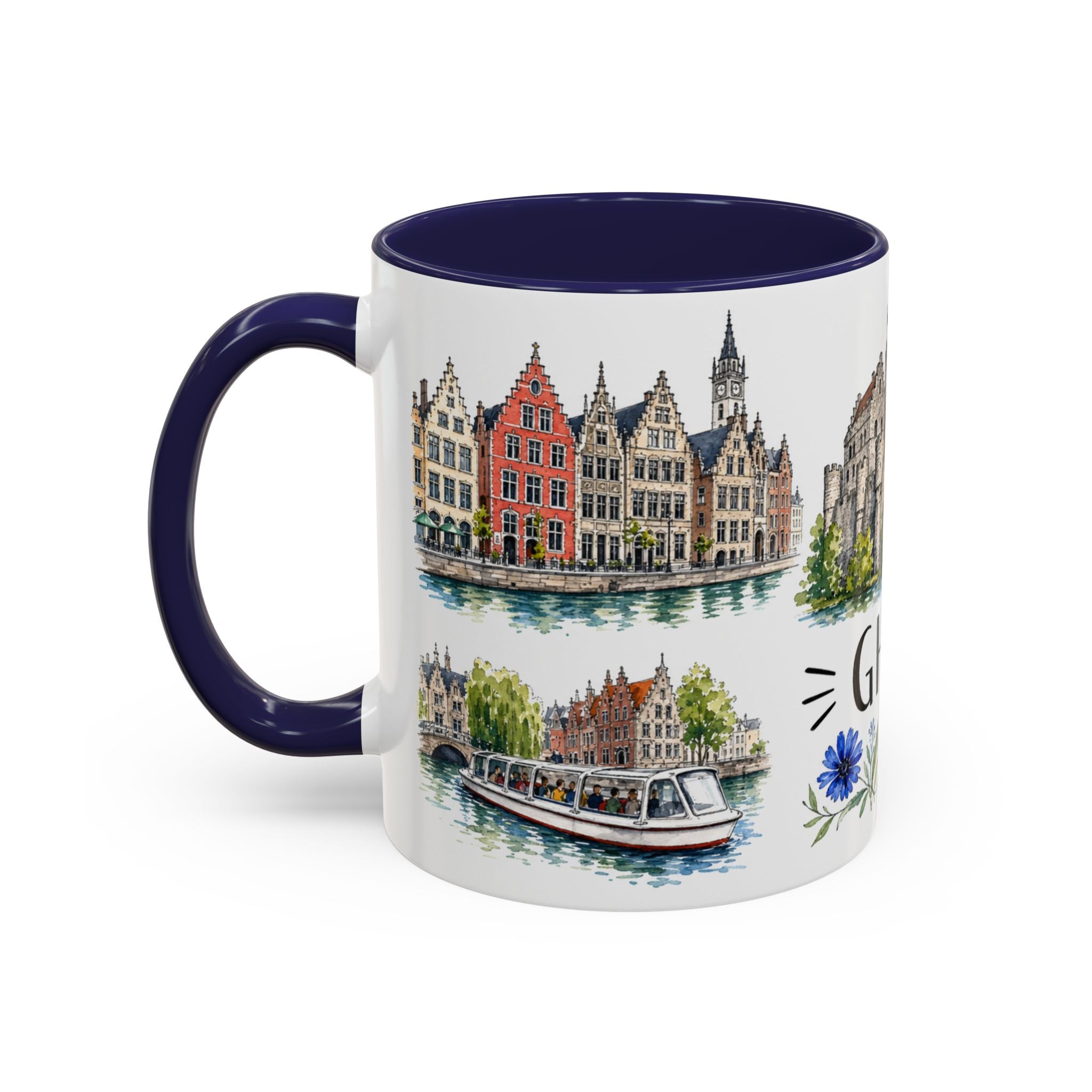 Ghent Illustrated Travel Mug | City Souvenir Accent Coffee Mug | 11oz 15oz Ceramic Cup