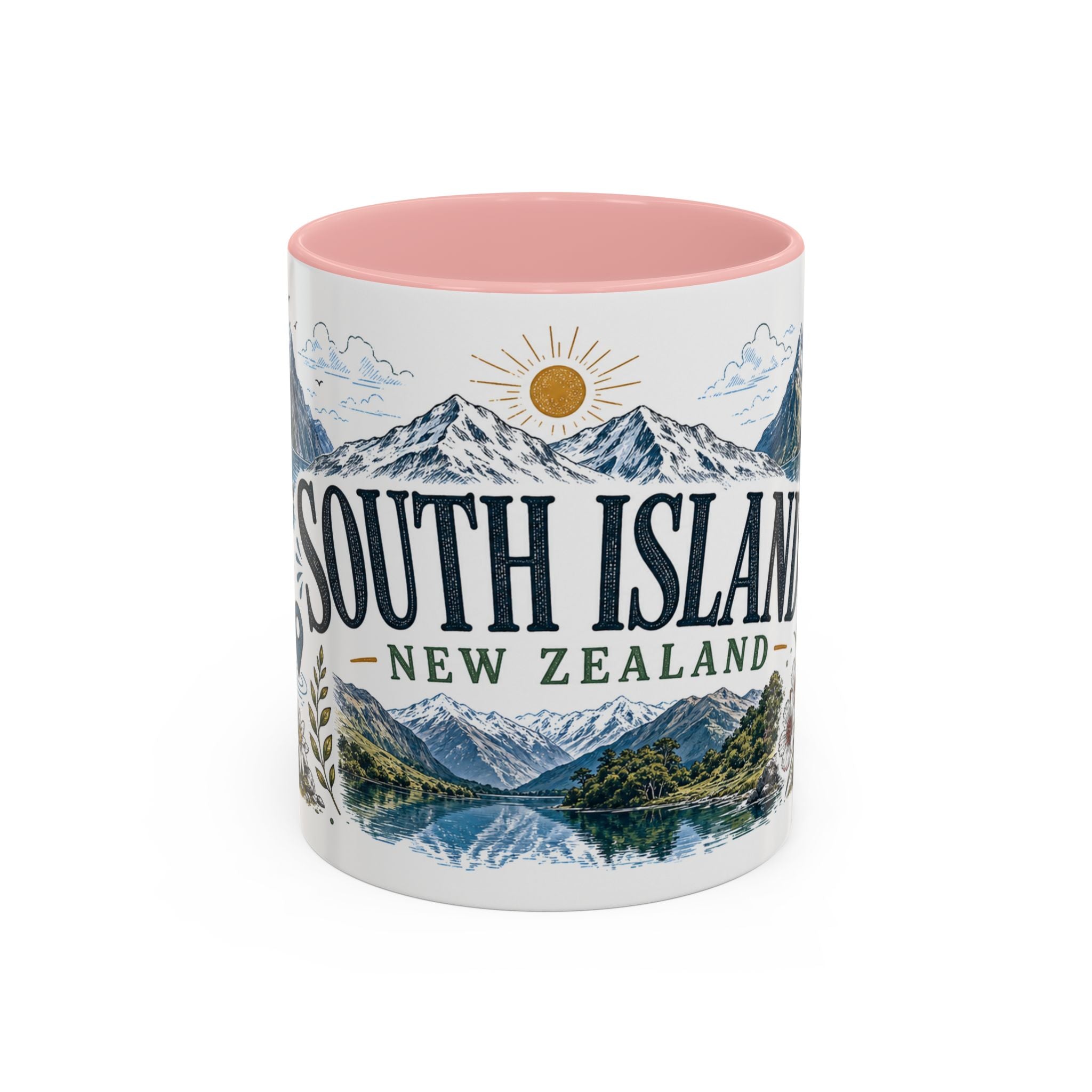 New Zealand South Island Coffee Mug | Travel Destination Souvenir Gift | Accent Color Ceramic 11oz 15oz