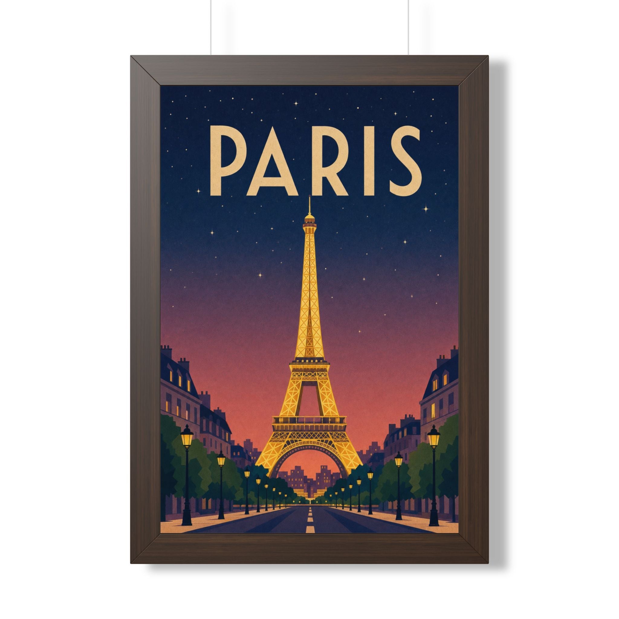 Paris at Night France Framed Poster | Vintage Travel Wall Art | Black Walnut White Frame | 16x24 20x30