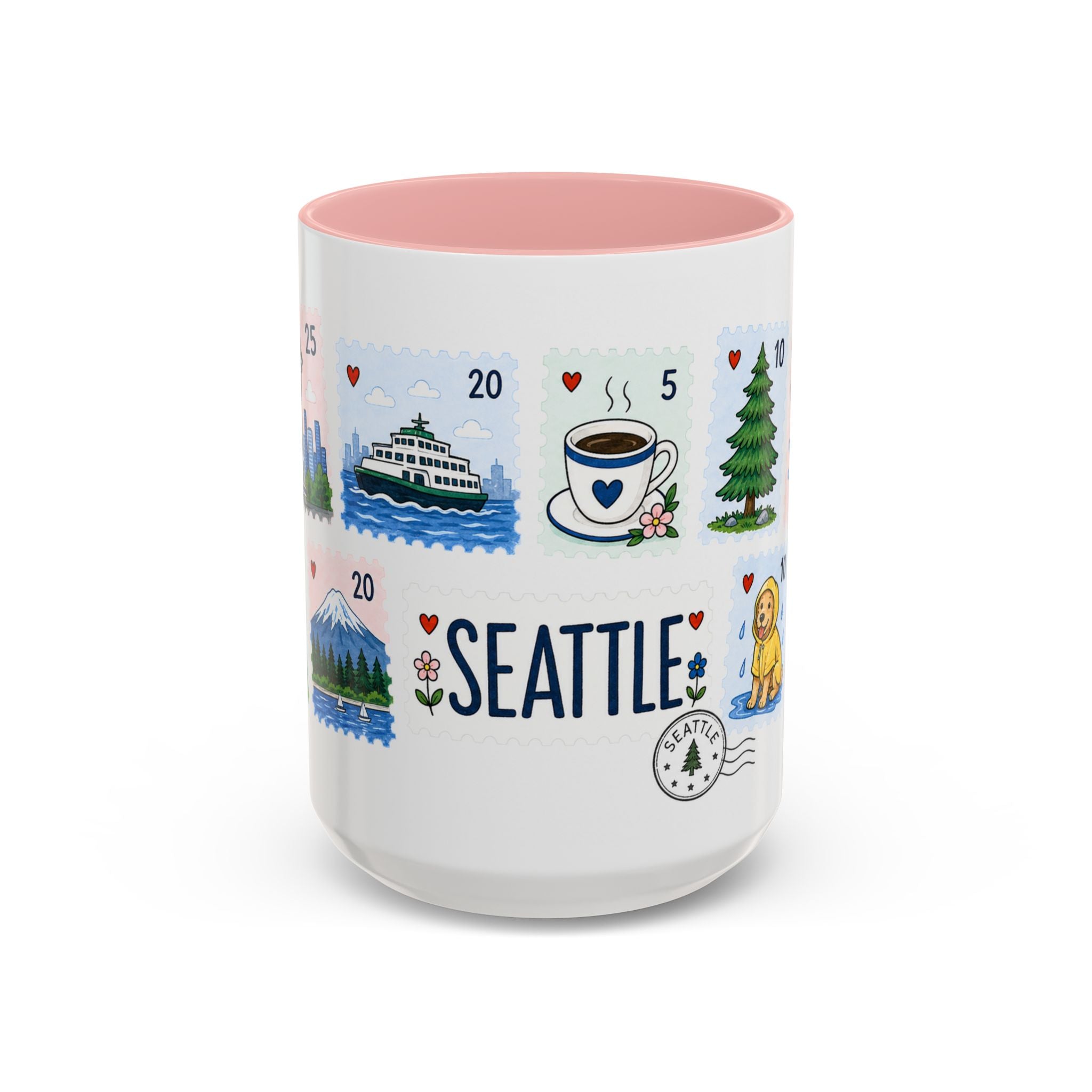 Seattle Coffee Mug | Postage Stamp Collage Mug | Travel Souvenir Accent Cup 11oz 15oz