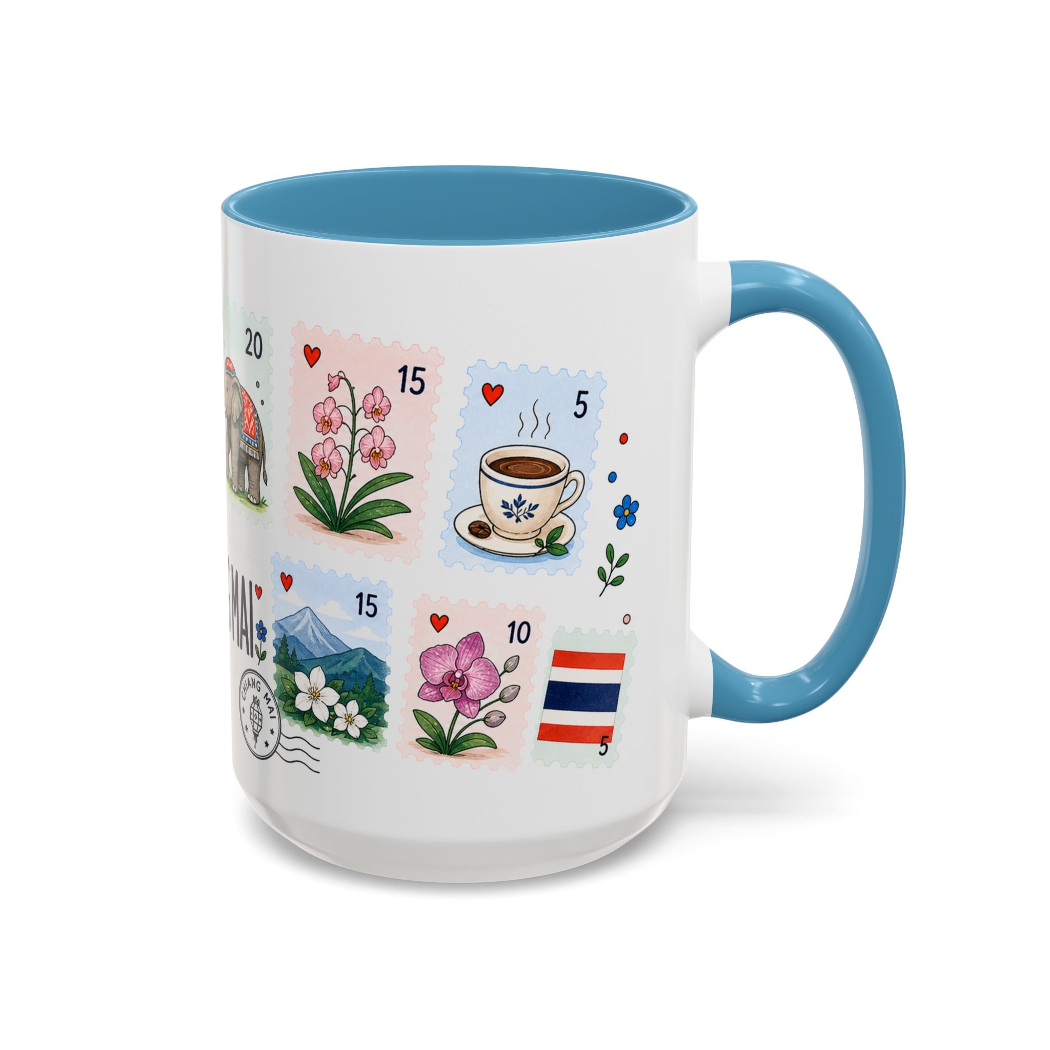 Chiang Mai Coffee Mug | Postage Stamp Collage Mug | Travel Souvenir Accent Cup 11oz 15oz