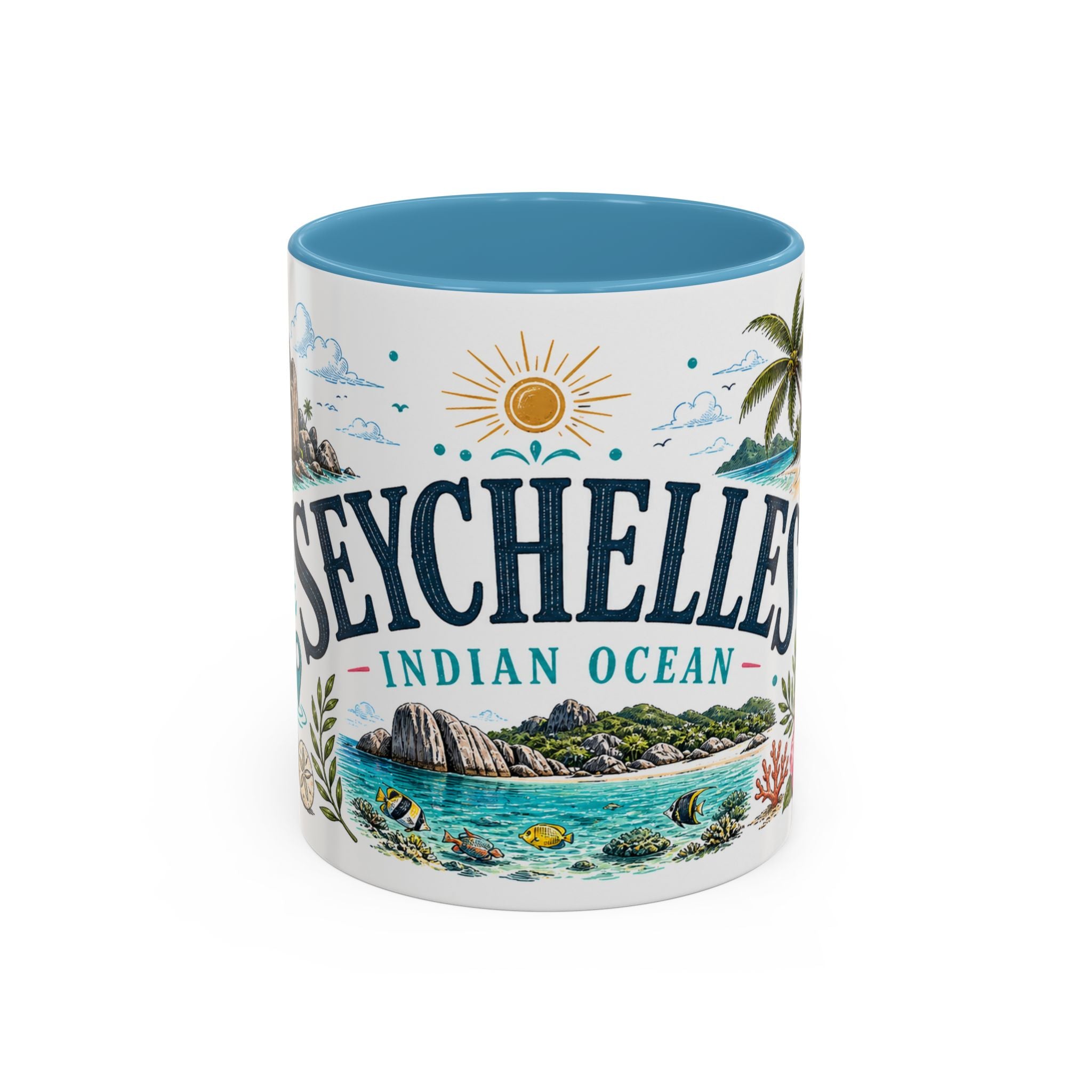 Seychelles Coffee Mug | Travel Destination Souvenir Gift | Accent Color Ceramic 11oz 15oz
