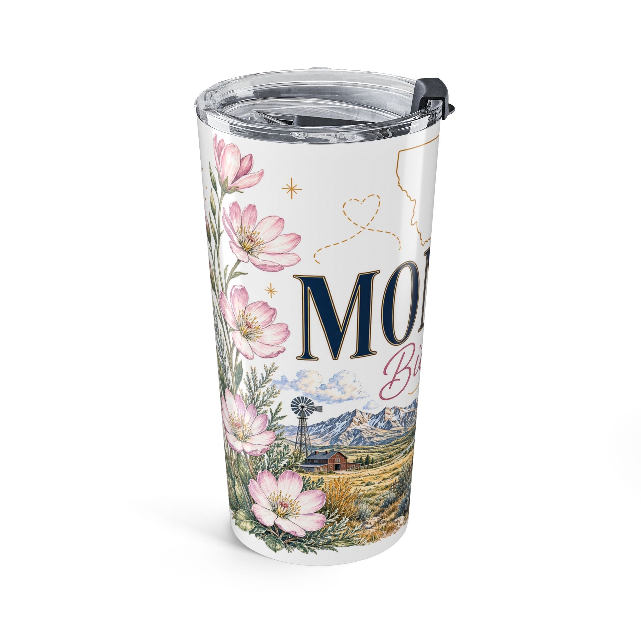 Montana State Flower 20oz Tumbler | Bitterroot Botanical State Flower Gift | Insulated Stainless Steel Travel Cup