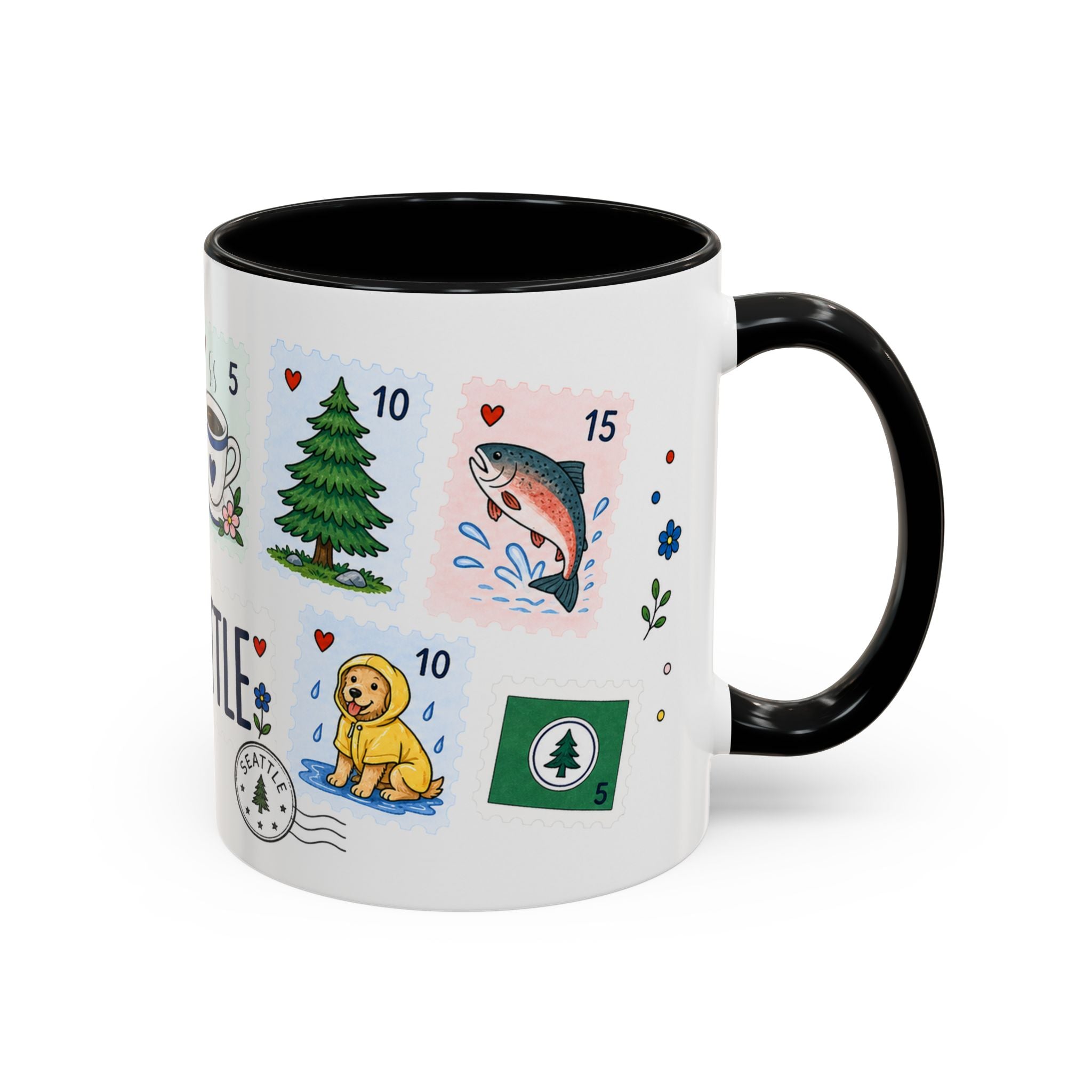 Seattle Coffee Mug | Postage Stamp Collage Mug | Travel Souvenir Accent Cup 11oz 15oz