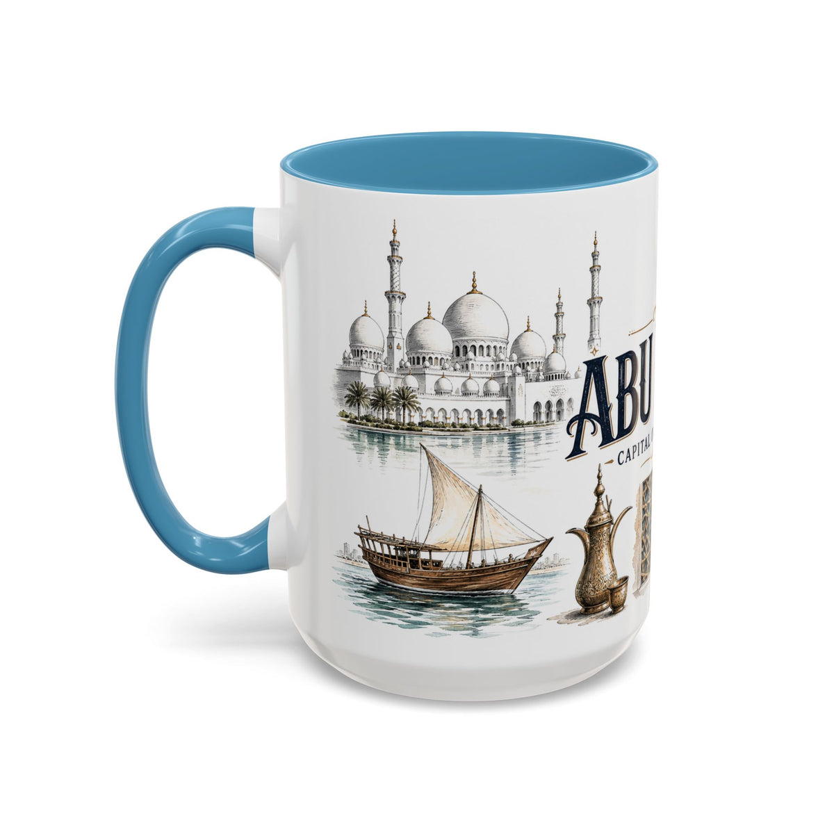 Abu Dhabi Coffee Mug | United Arab Emirates Travel Souvenir | Vintage Illustrated City Gift | 11 oz 15 oz Accent Mug