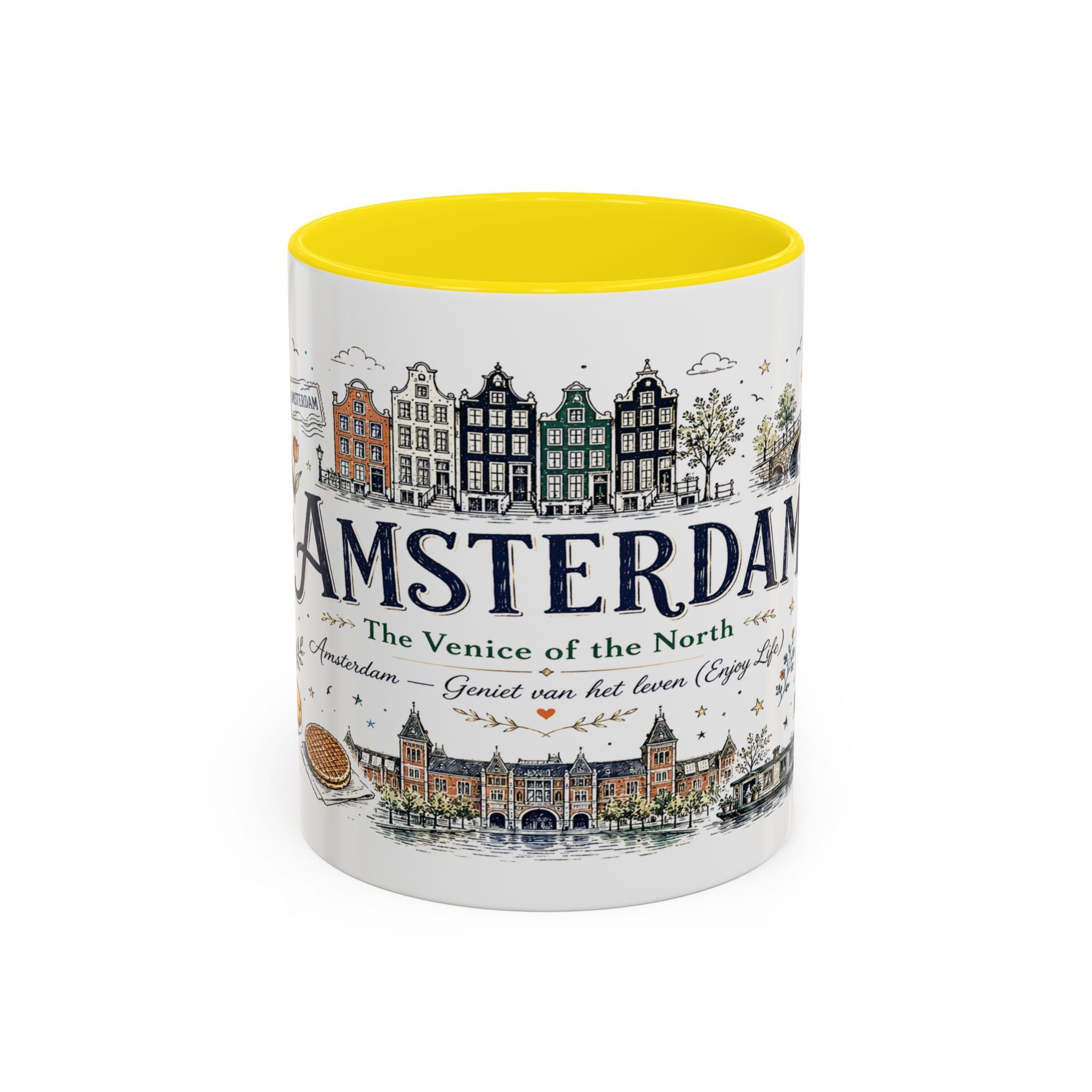Amsterdam Coffee Mug | Netherlands Souvenir Travel Gift | Accent Color Ceramic 11oz 15oz
