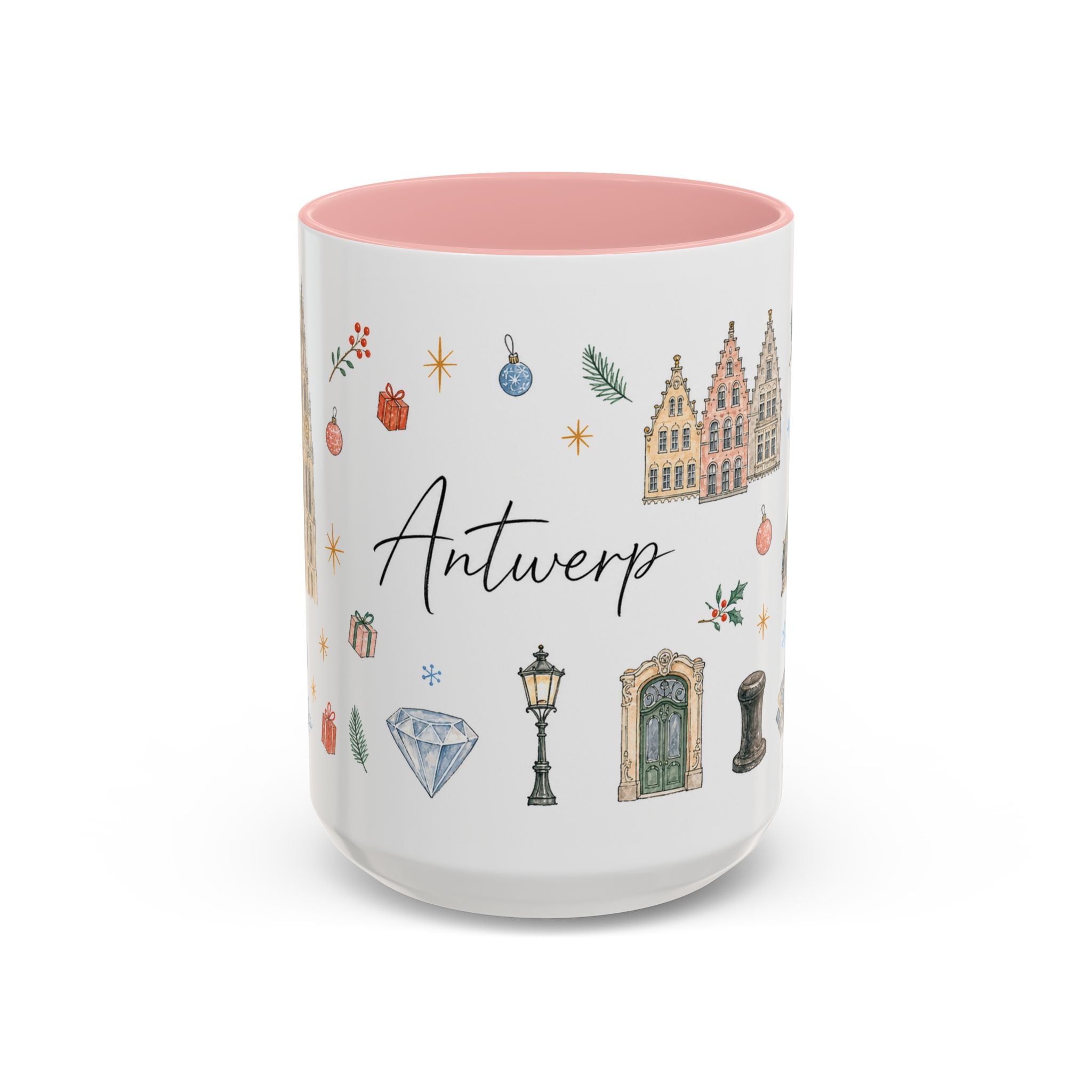 Antwerp Christmas Mug | Watercolor Travel Souvenir | Holiday Gift | Accent Ceramic Coffee Cup 11oz 15oz