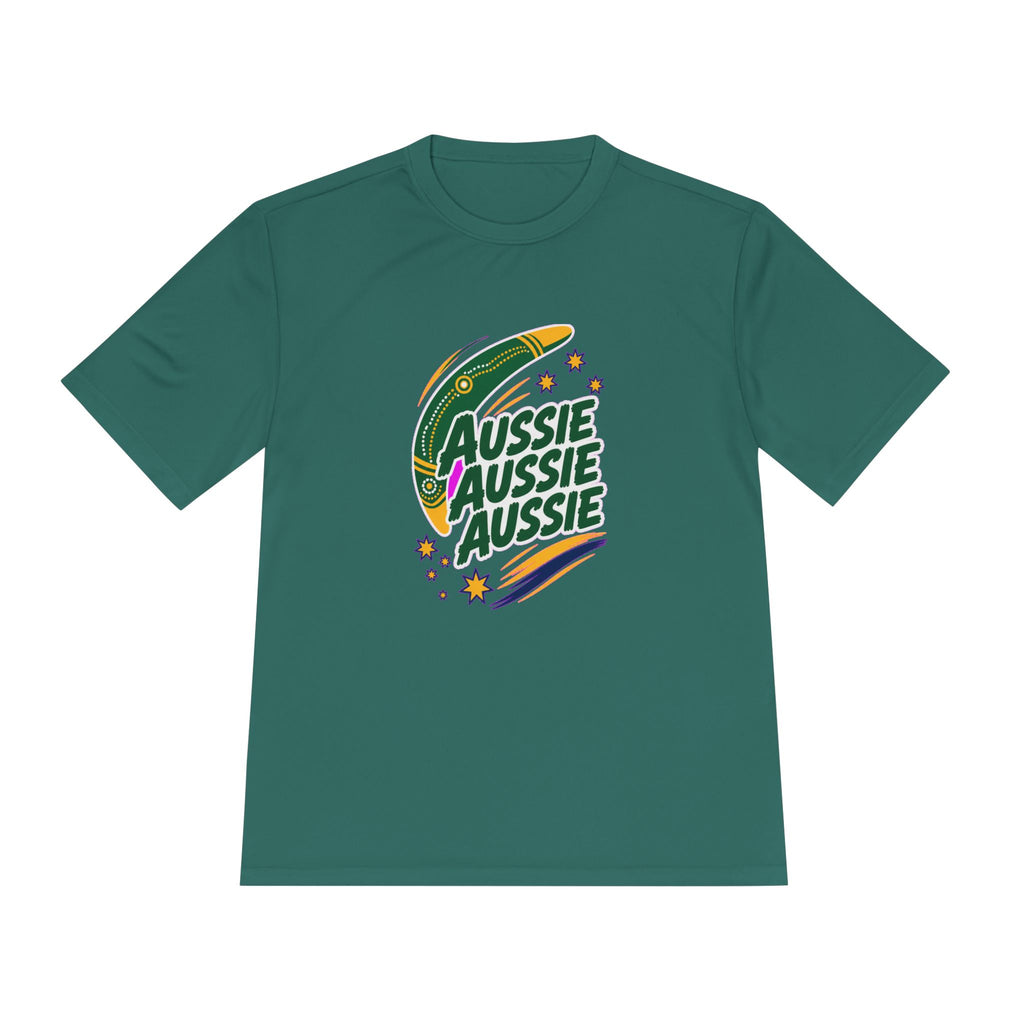 Australia Fan T-Shirt, Aussie Boomerang Design, Moisture Wicking Sport Tee