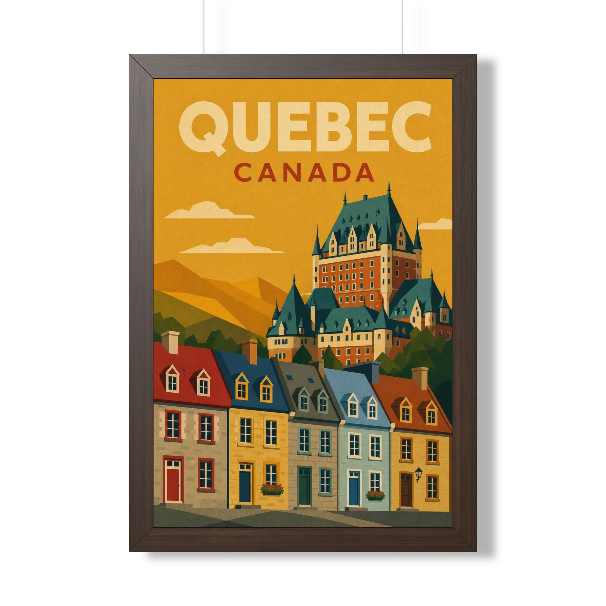 Québec City Canada Framed Poster | Vintage Travel Wall Art | Black Walnut White Frame | 16x24 20x30