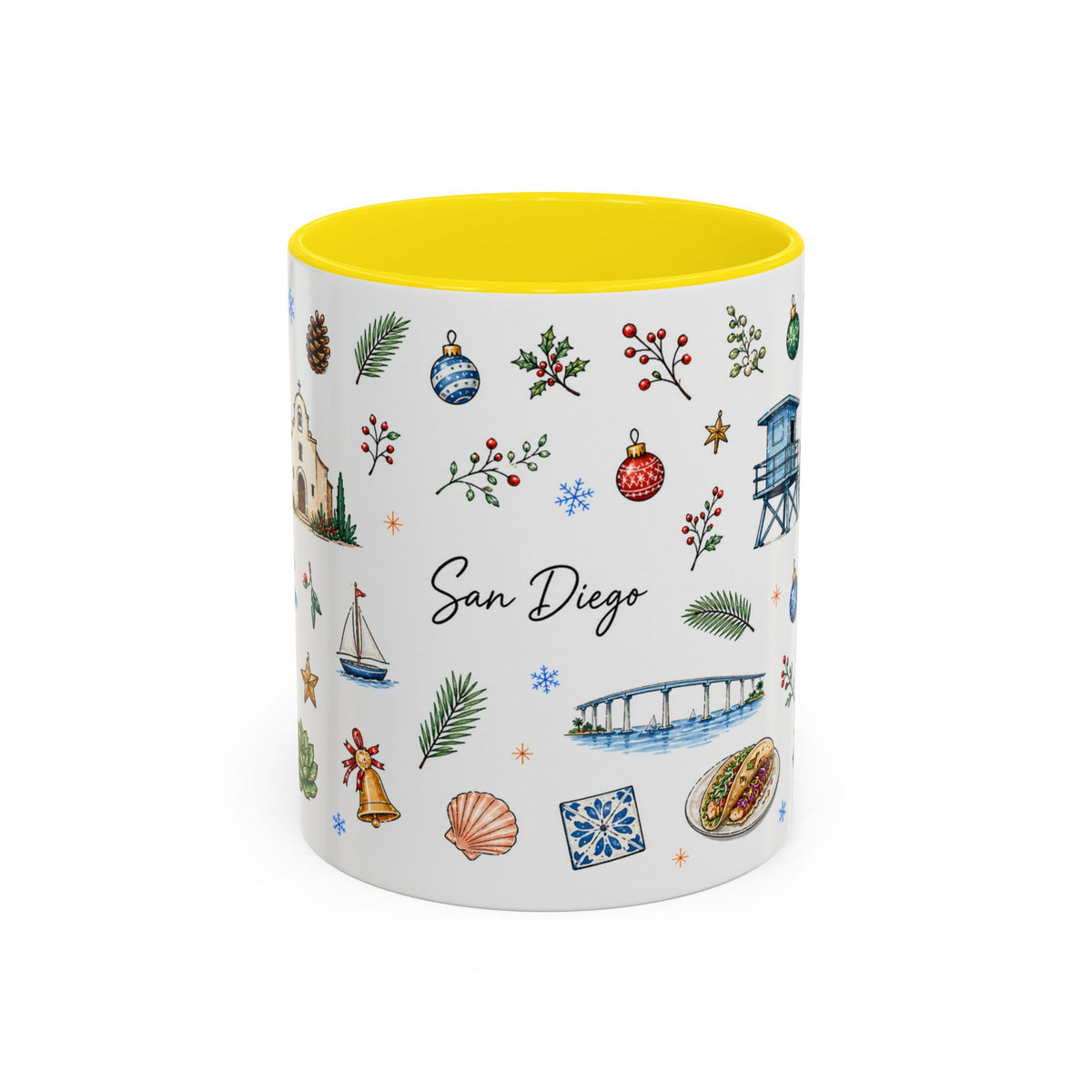 San Diego Christmas Mug | Watercolor City Souvenir, Holiday Travel Gift (11oz/15oz)