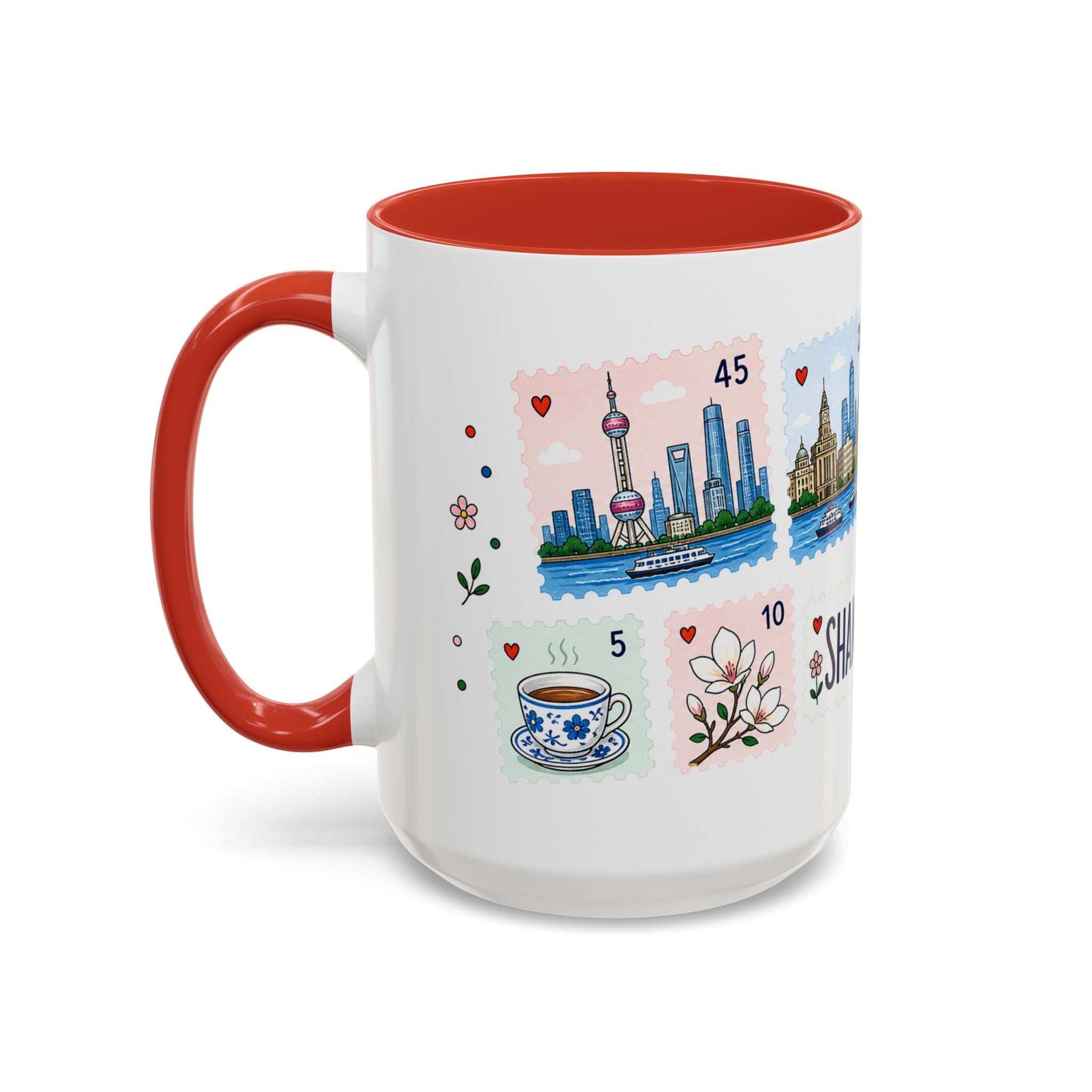 Shanghai Coffee Mug | Postage Stamp Collage Mug | Travel Souvenir Accent Cup 11oz 15oz