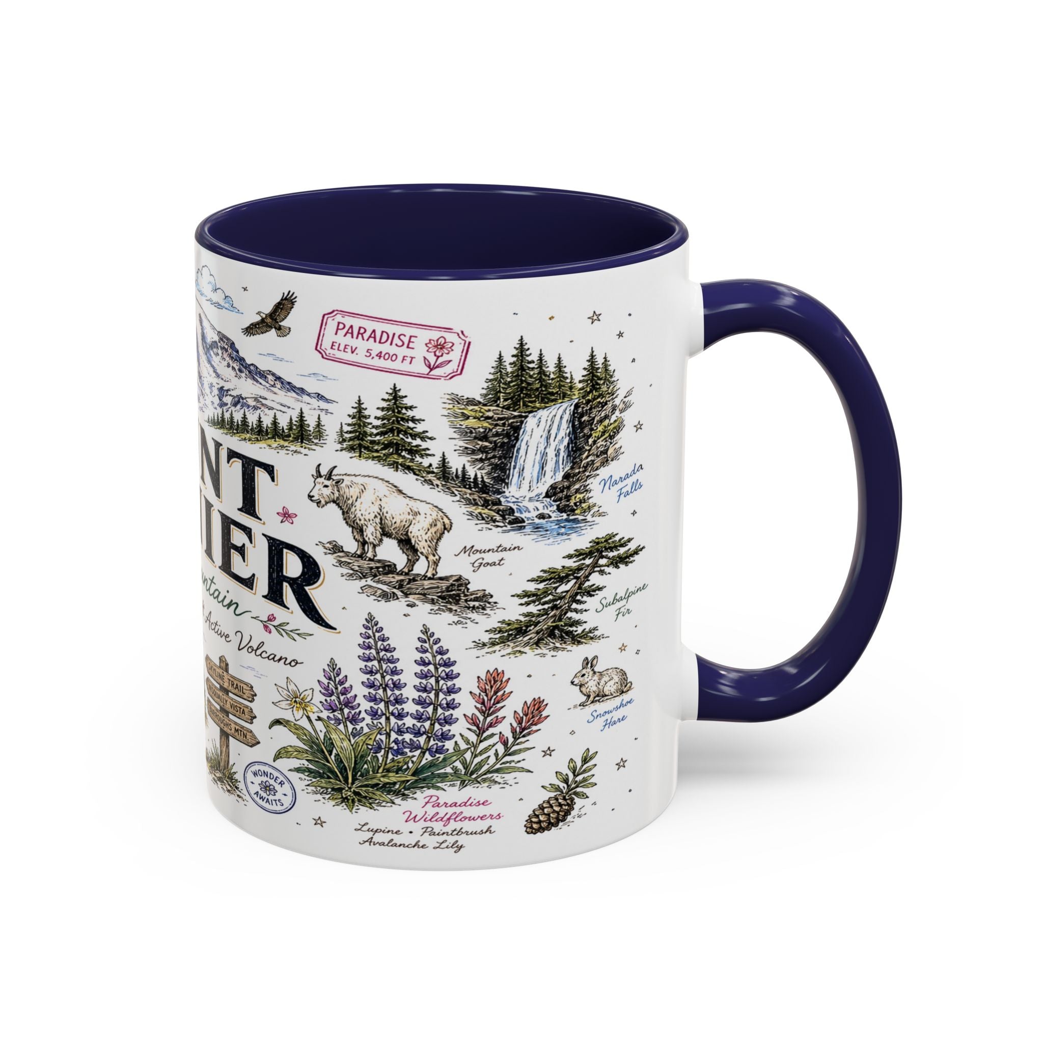 Mount Rainier Coffee Mug | National Park Hiking Washington Gift | Accent Color Ceramic 11oz 15oz