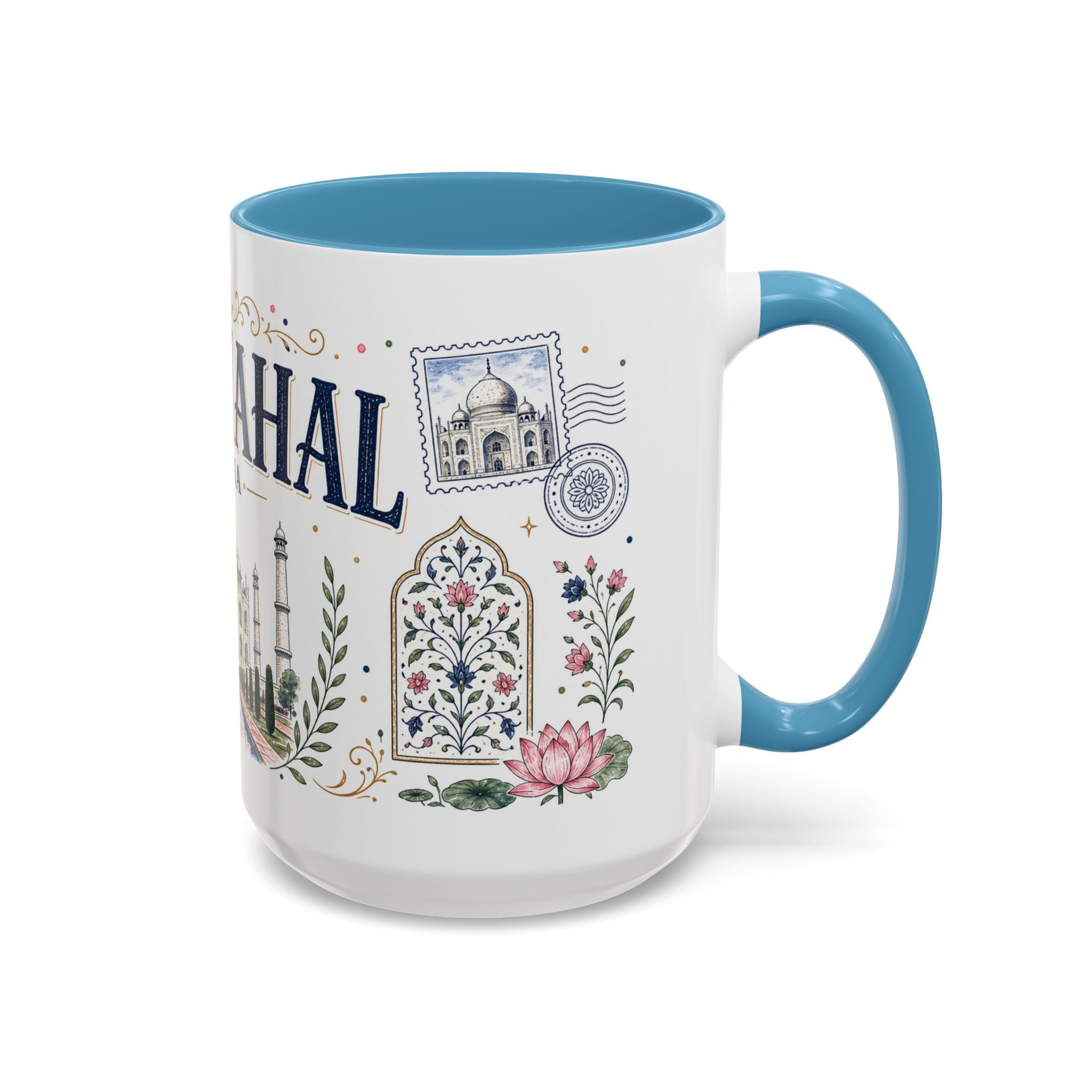 Taj Mahal Coffee Mug | Travel Destination Souvenir Gift | Accent Color Ceramic 11oz 15oz