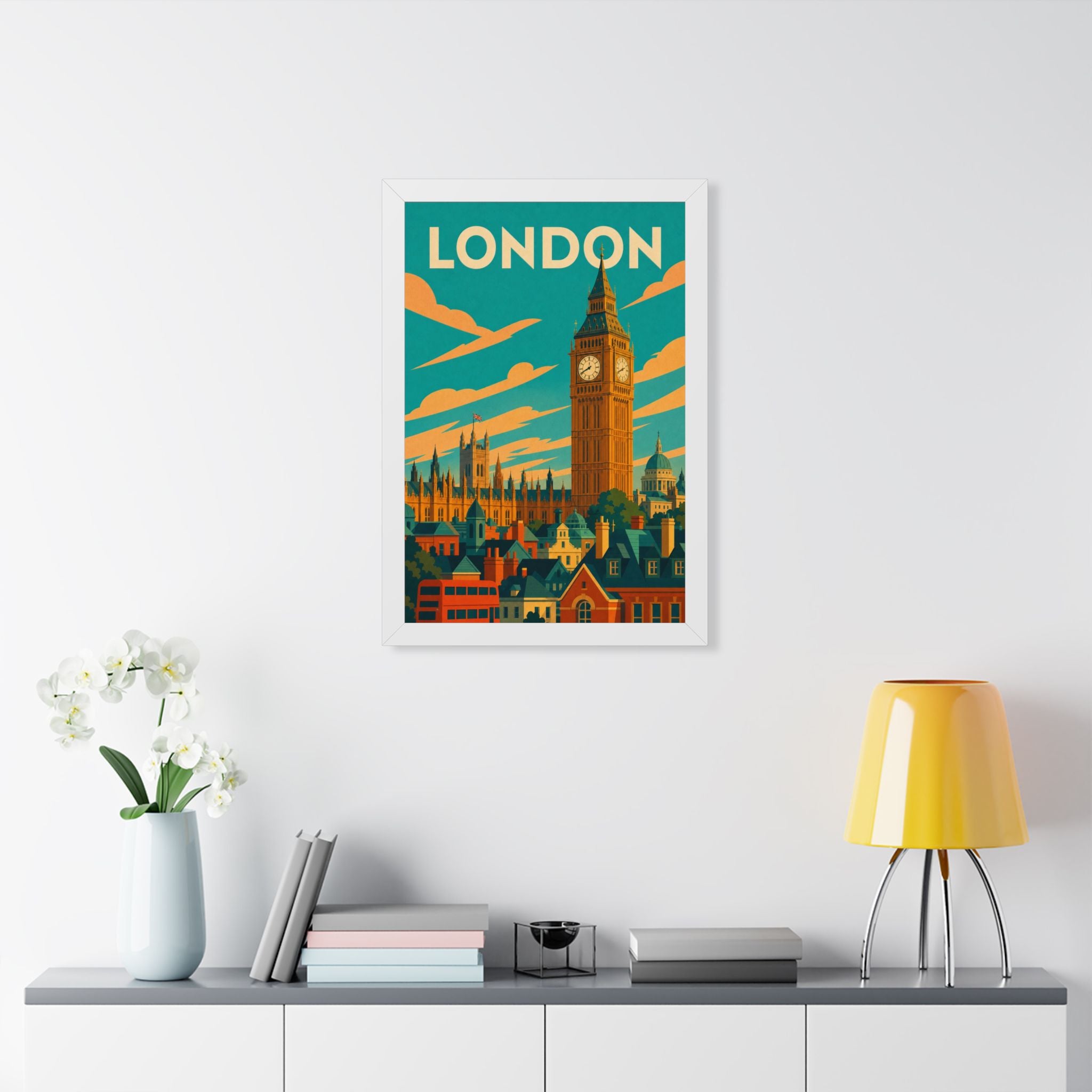 London Big Ben United Kingdom Framed Poster | Vintage Travel Wall Art | Black Walnut White Frame | 16x24 20x30