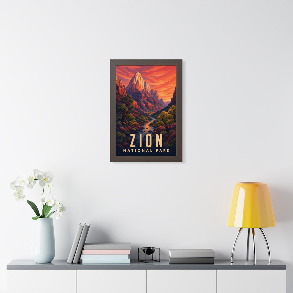 Zion National Park Framed Poster | Vintage Travel Wall Art | Black Walnut White Frame | 16x24 20x30