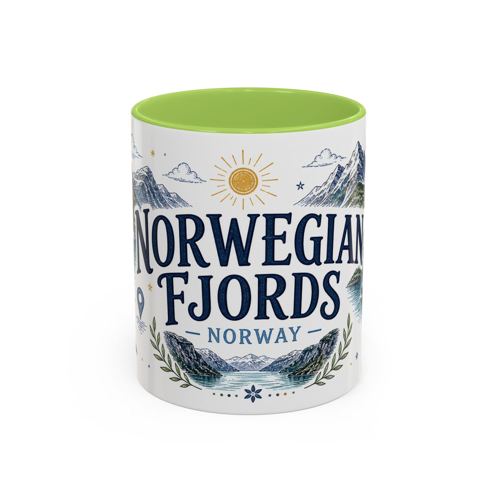 Norwegian Fjords Coffee Mug | Travel Destination Souvenir Gift | Accent Color Ceramic 11oz 15oz
