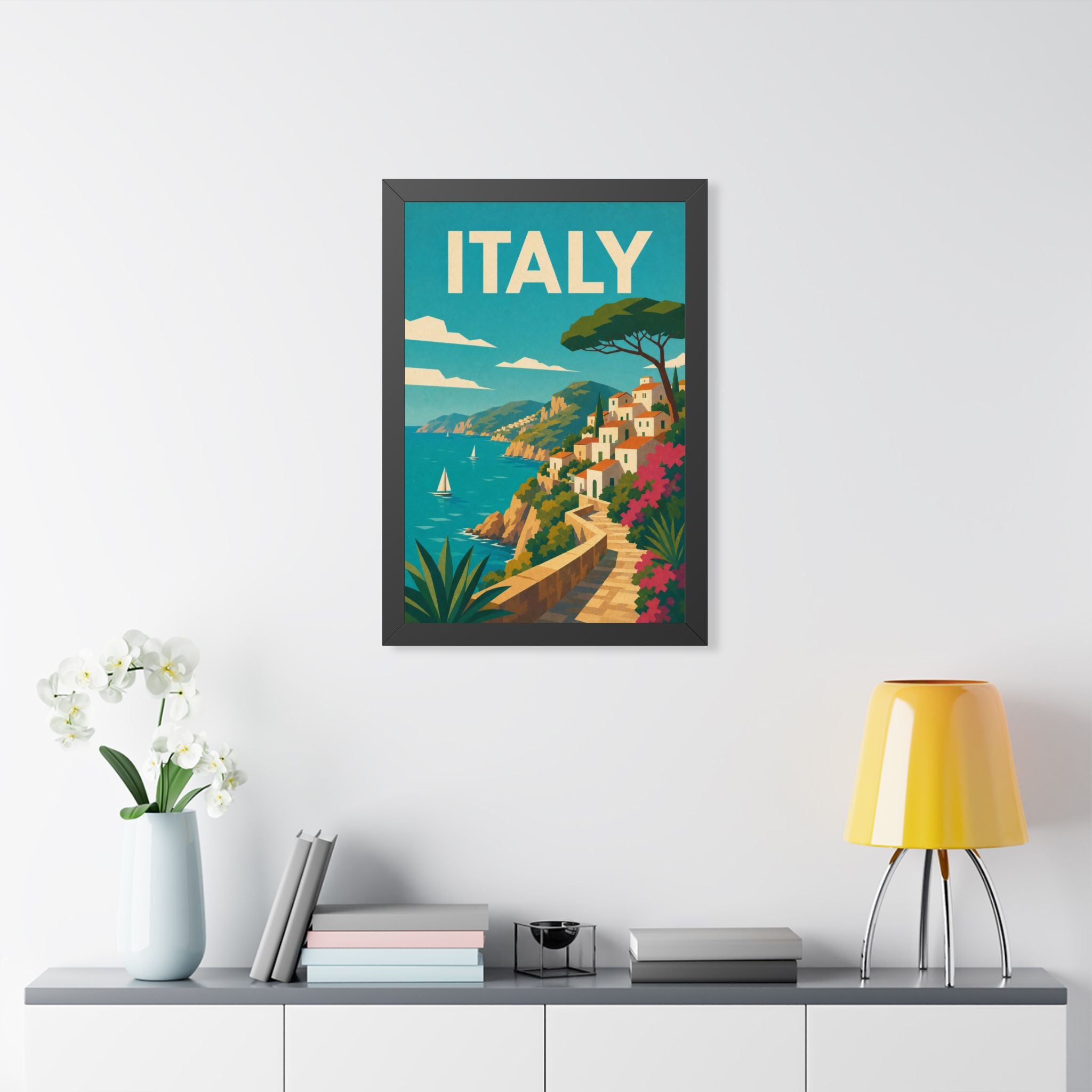 Italian Cliffside Coast Italy Framed Poster | Vintage Travel Wall Art | Black Walnut White Frame | 16x24 20x30