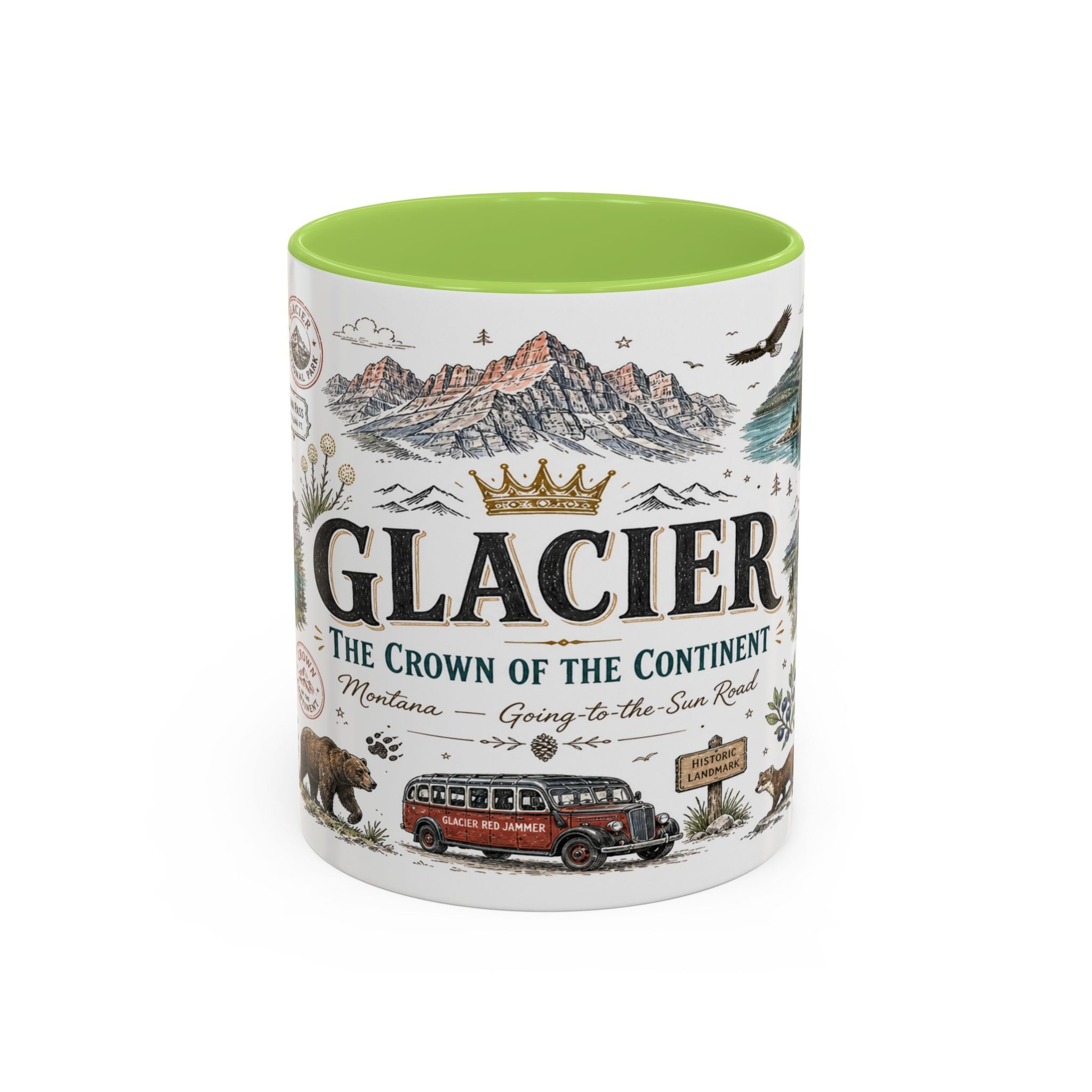 Glacier Coffee Mug | National Park Hiking Montana Gift | Accent Color Ceramic 11oz 15oz