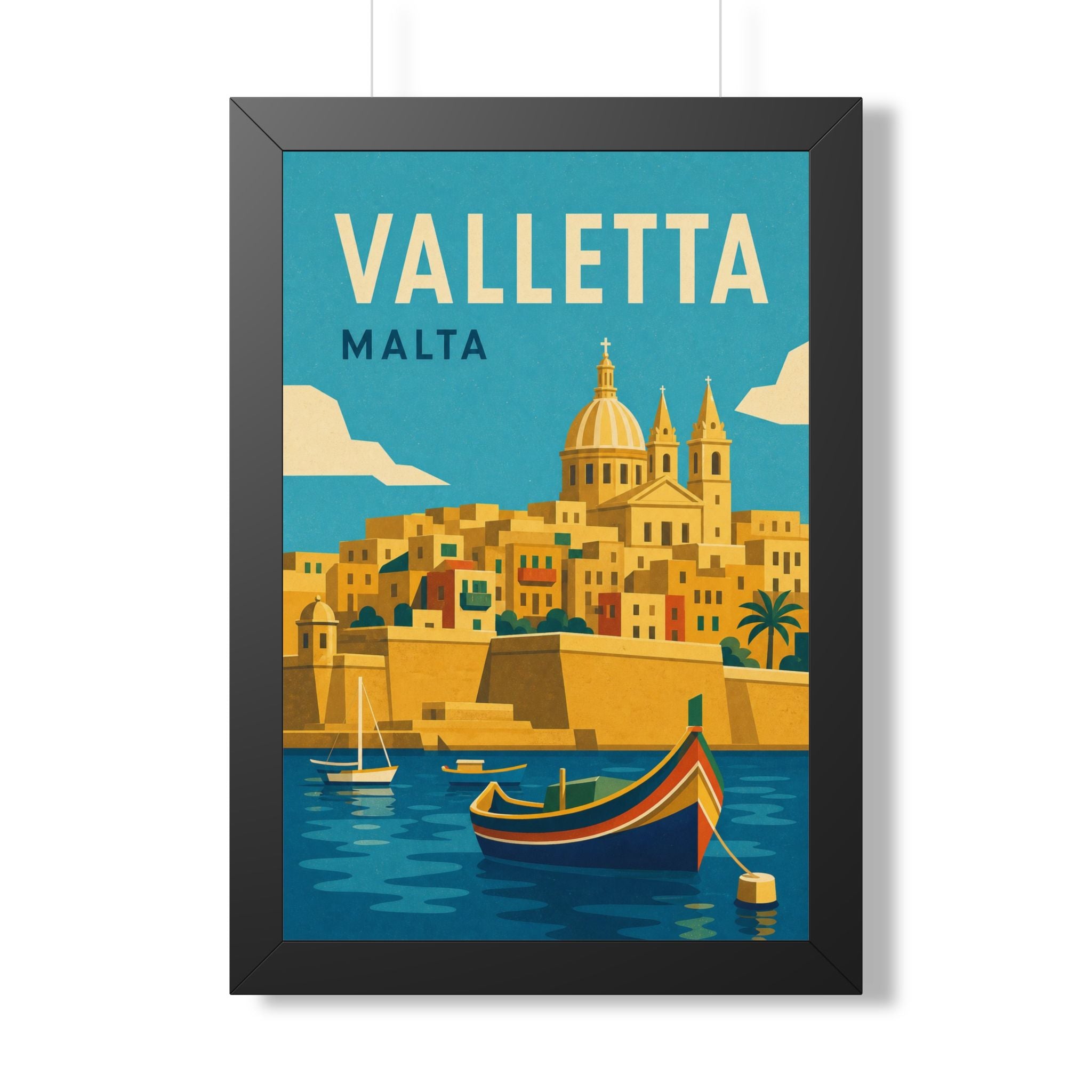 Valletta Malta Framed Poster | Vintage Travel Wall Art | Black Walnut White Frame | 16x24 20x30