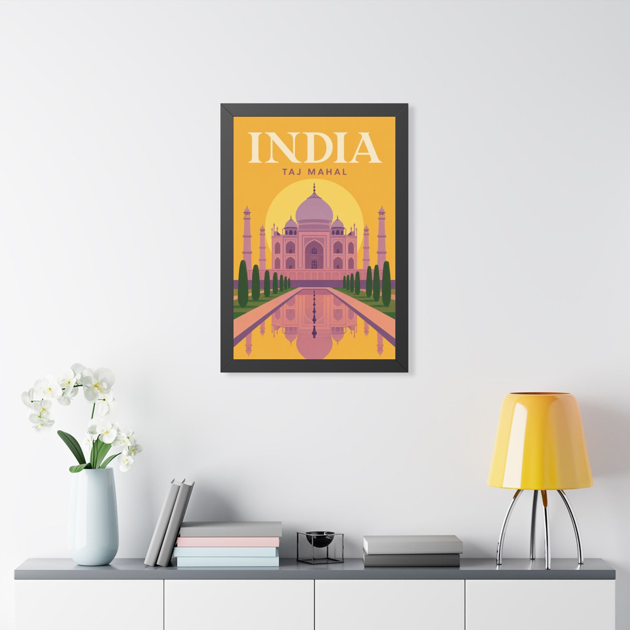 Taj Mahal India Framed Poster | Vintage Travel Wall Art | Black Walnut White Frame | 16x24 20x30