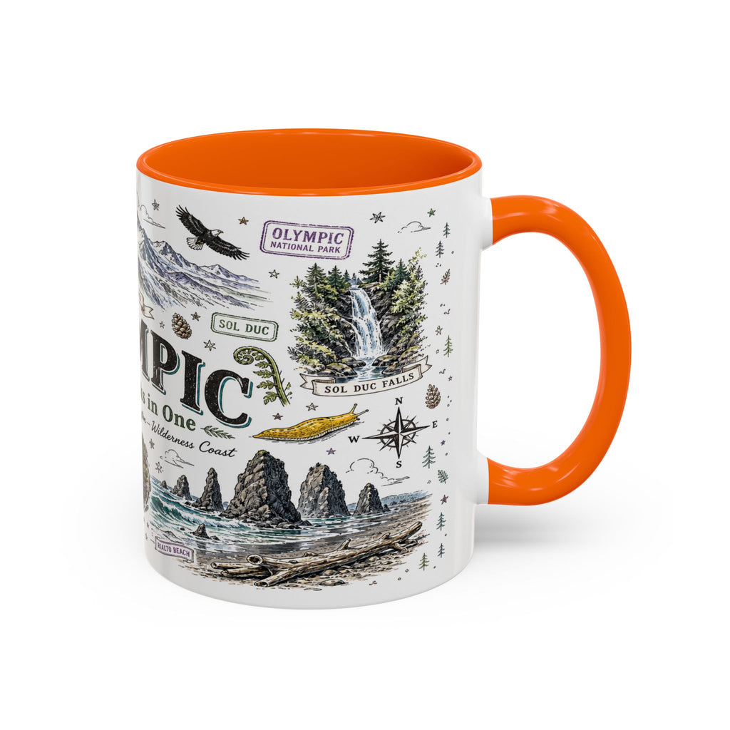 Olympic Coffee Mug | National Park Hiking Rainforest Gift | Accent Color Ceramic 11oz 15oz