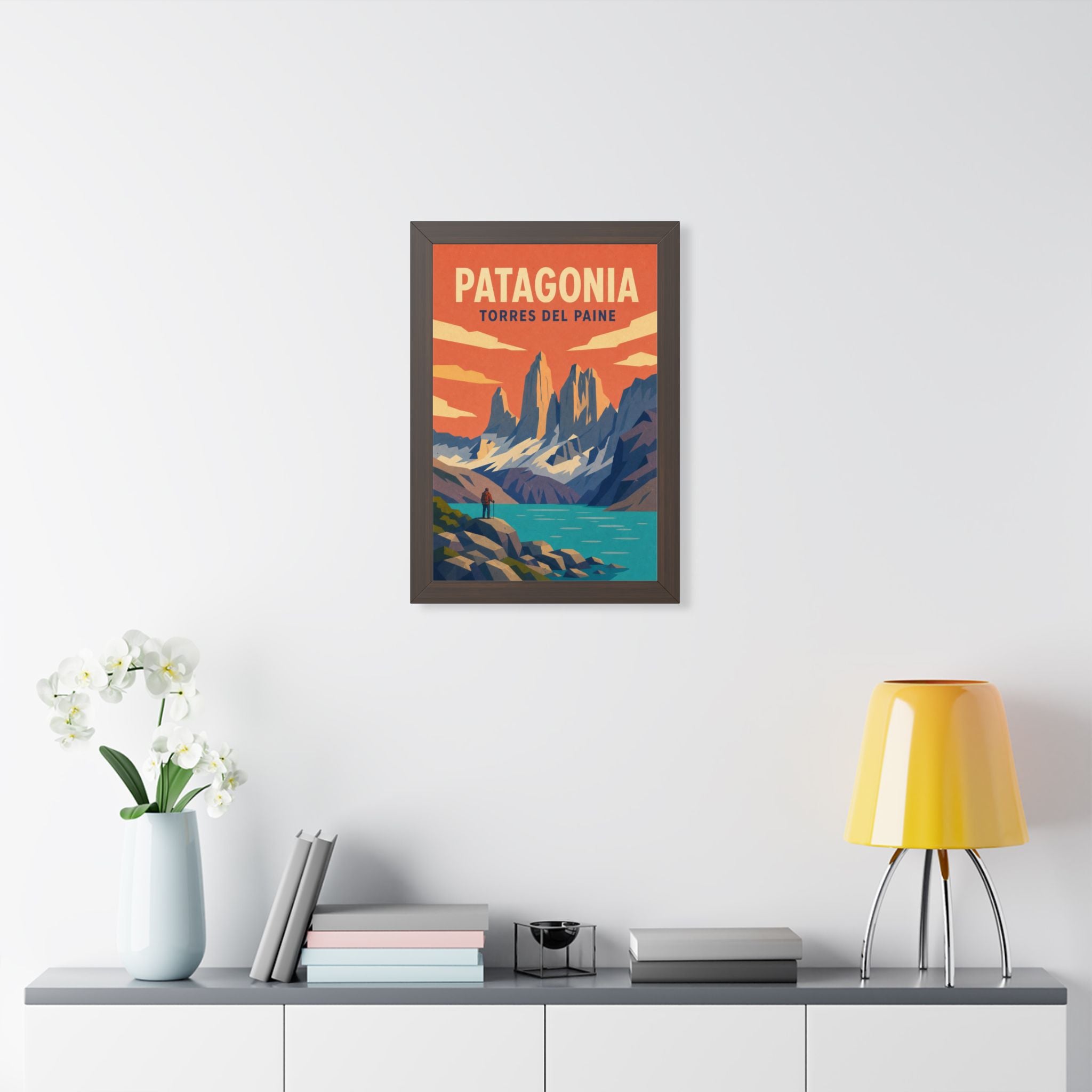 Torres del Paine Chile Framed Poster | Vintage Travel Wall Art | Black Walnut White Frame | 16x24 20x30
