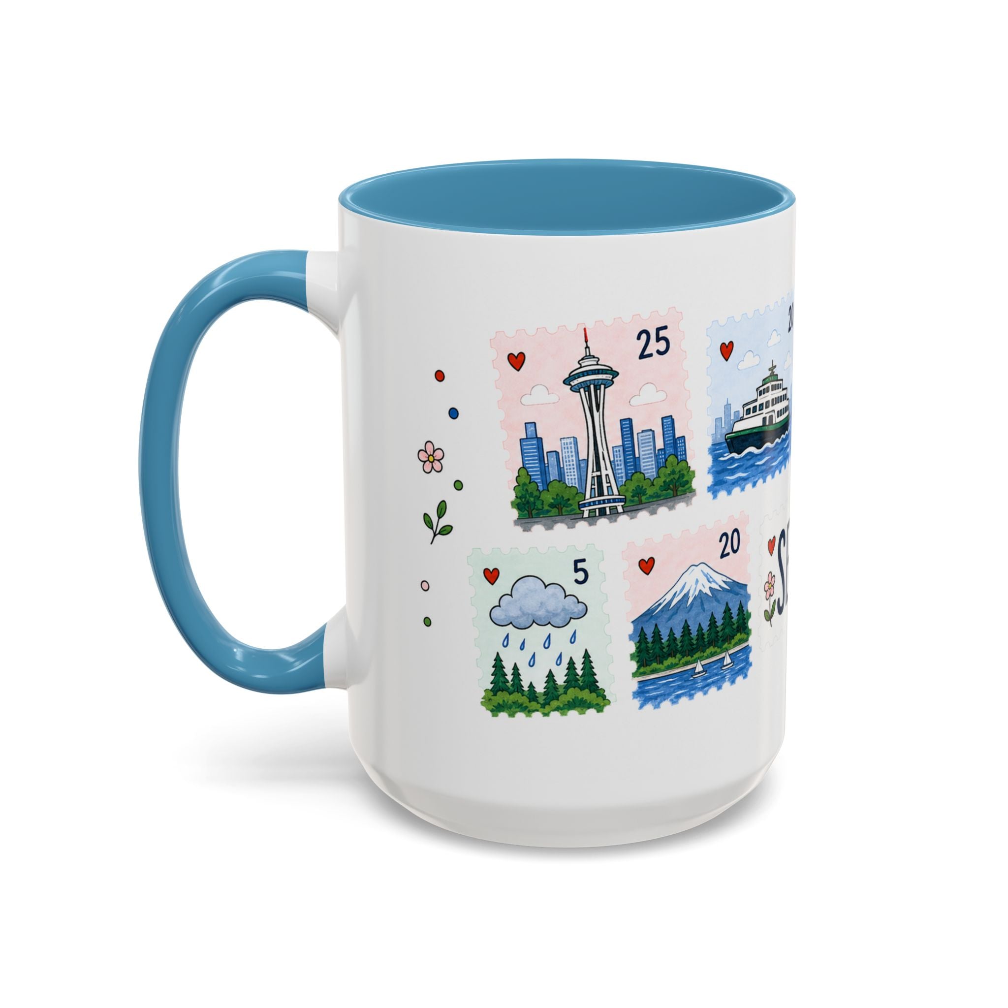 Seattle Coffee Mug | Postage Stamp Collage Mug | Travel Souvenir Accent Cup 11oz 15oz