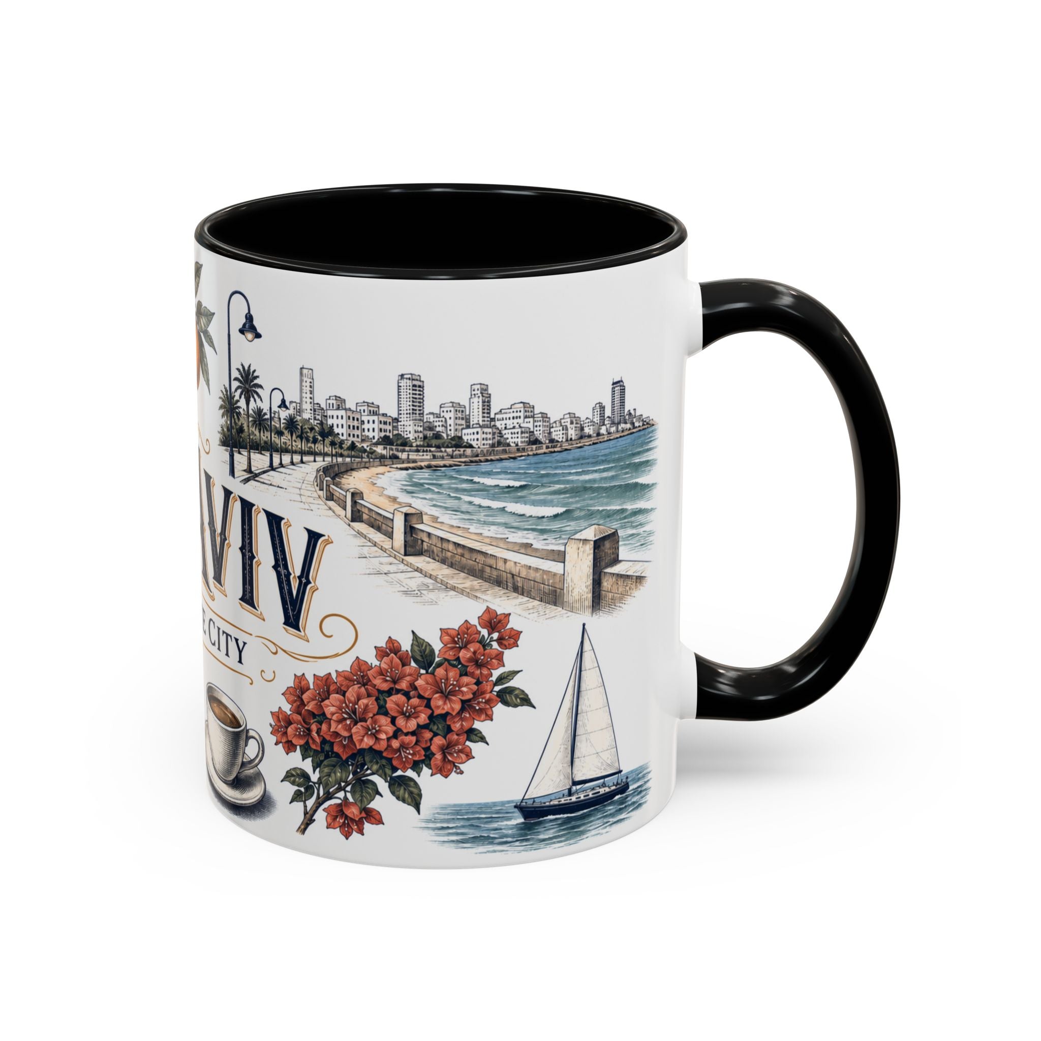 Tel Aviv Coffee Mug | Israel Travel Souvenir | Vintage Illustrated City Gift | 11 oz 15 oz Accent Mug
