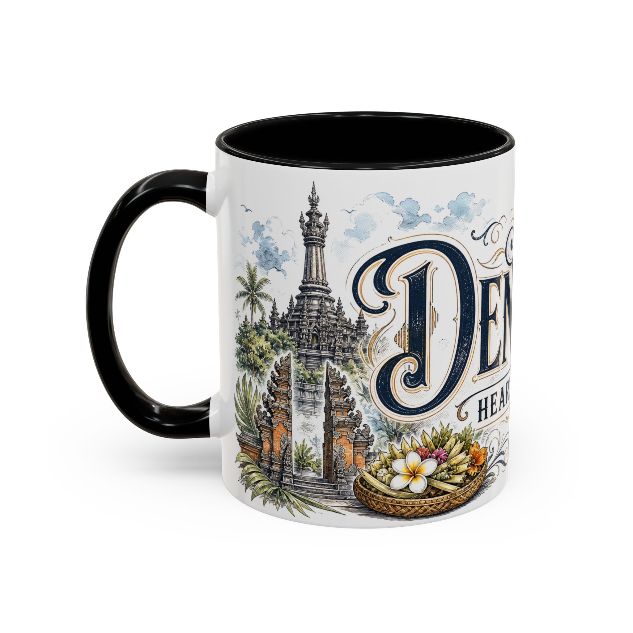 Denpasar Coffee Mug | Indonesia Travel Souvenir | Vintage Illustrated City Gift | 11 oz 15 oz Accent Mug