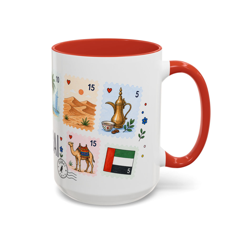 Dubai Coffee Mug | Postage Stamp Collage Mug | Travel Souvenir Accent Cup 11oz 15oz