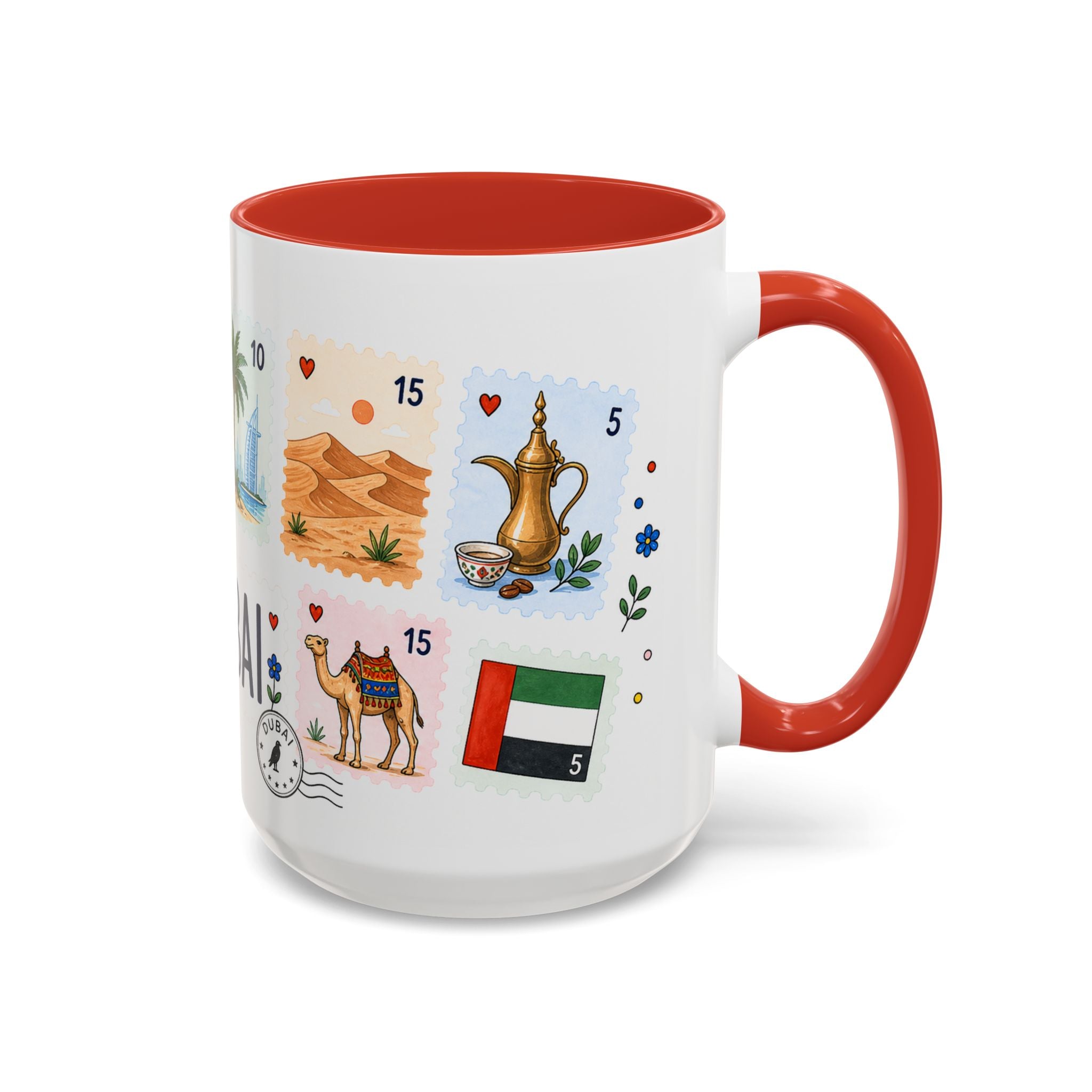 Dubai Coffee Mug | Postage Stamp Collage Mug | Travel Souvenir Accent Cup 11oz 15oz