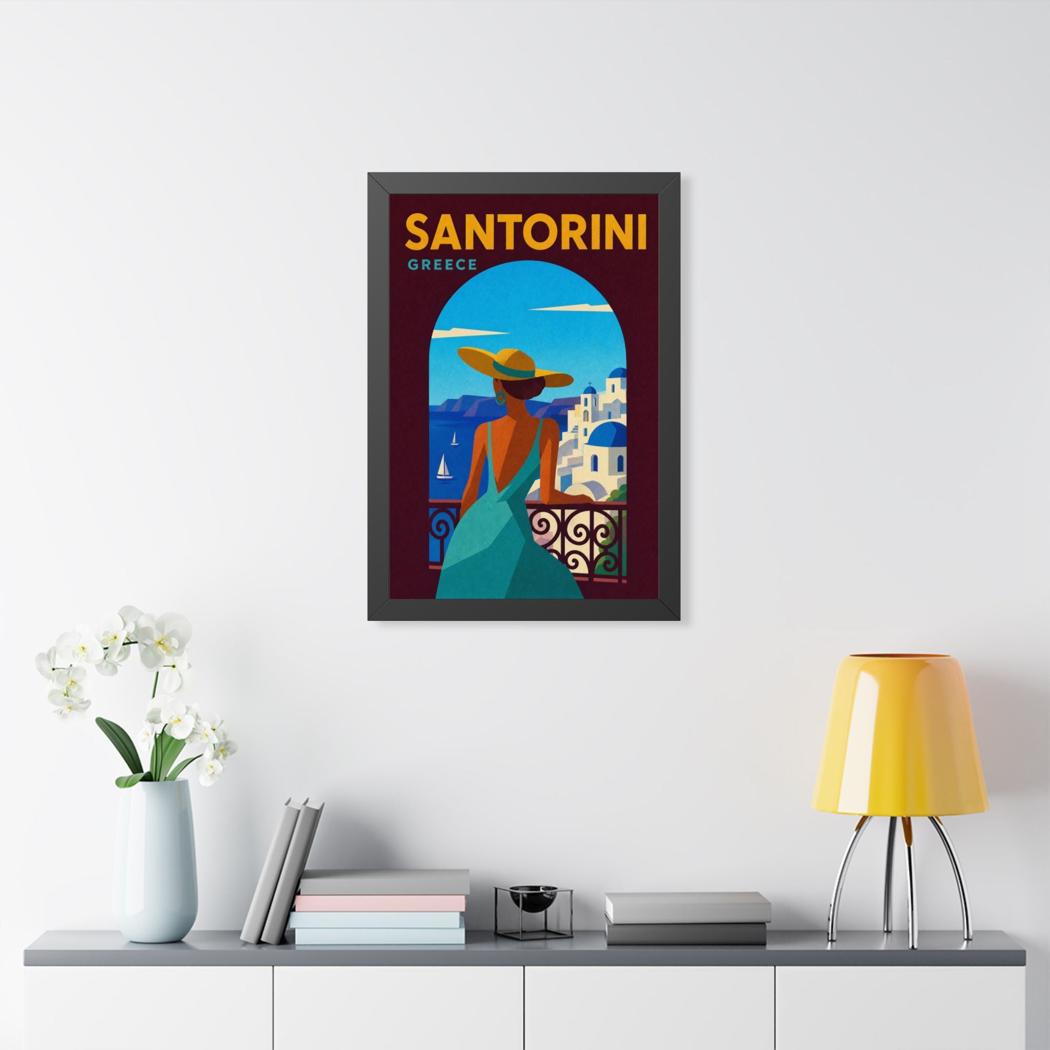 Santorini Greece Framed Poster | Vintage Travel Wall Art | Black Walnut White Frame | 16x24 20x30