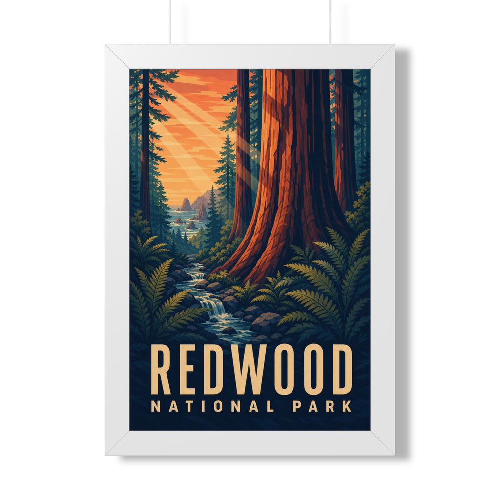 Redwood National Park Framed Poster | Vintage Travel Wall Art | Black Walnut White Frame | 16x24 20x30