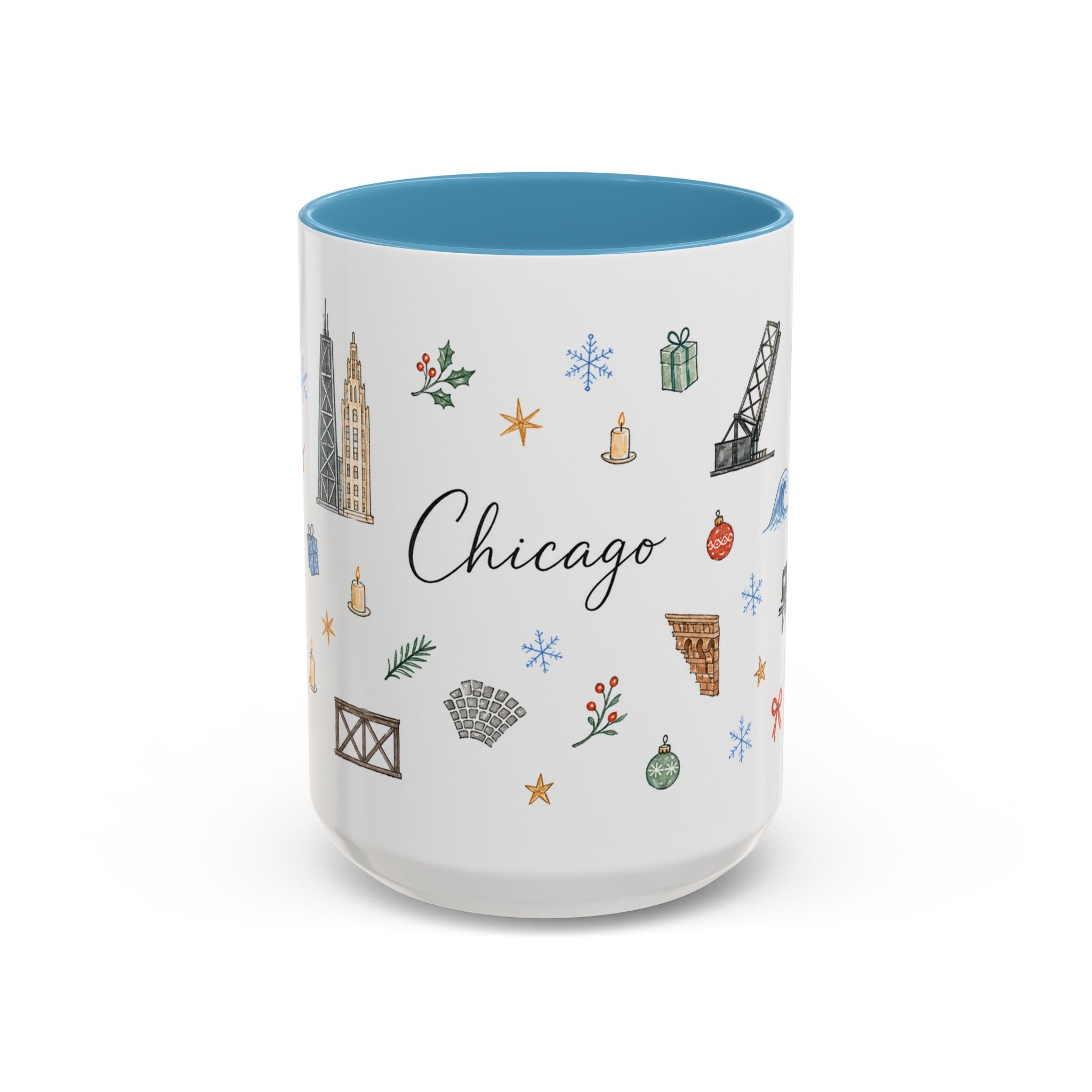Chicago Christmas Mug | Watercolor Travel Souvenir | Holiday Gift | Accent Ceramic Coffee Cup 11oz 15oz
