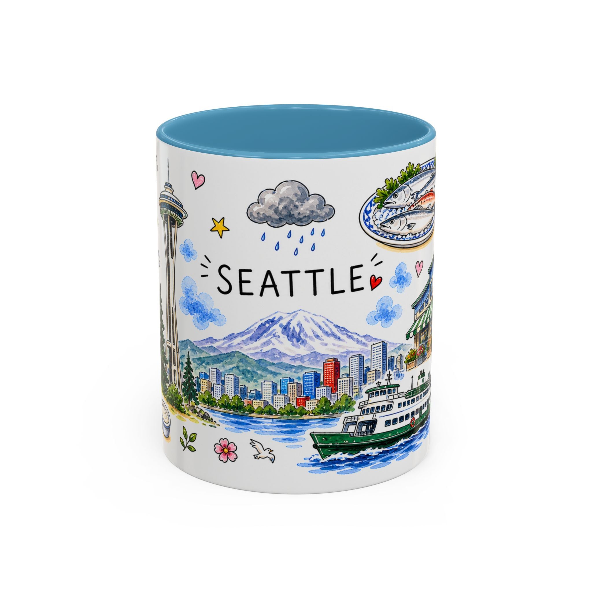 Seattle Illustrated Travel Mug | City Souvenir Accent Coffee Mug | 11oz 15oz Ceramic Cup