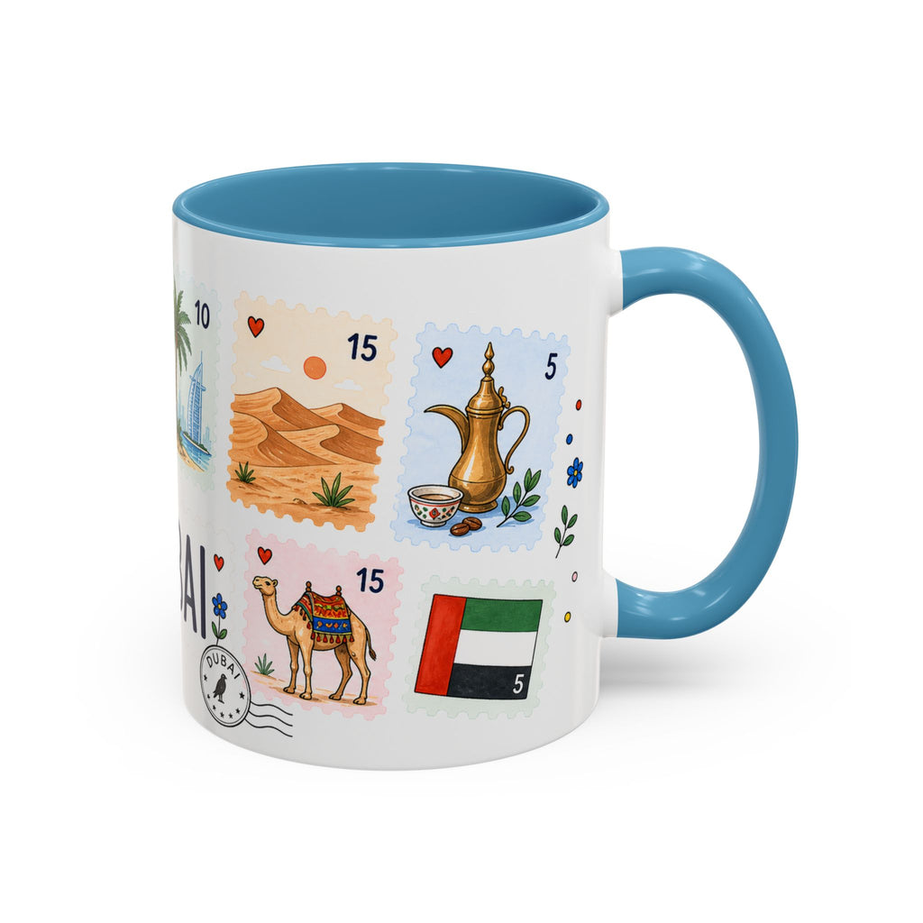 Dubai Coffee Mug | Postage Stamp Collage Mug | Travel Souvenir Accent Cup 11oz 15oz