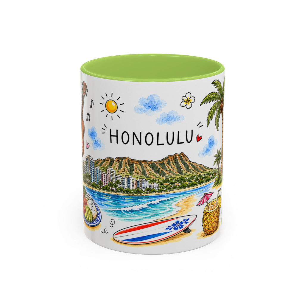 Honolulu Illustrated Travel Mug | City Souvenir Accent Coffee Mug | 11oz 15oz Ceramic Cup