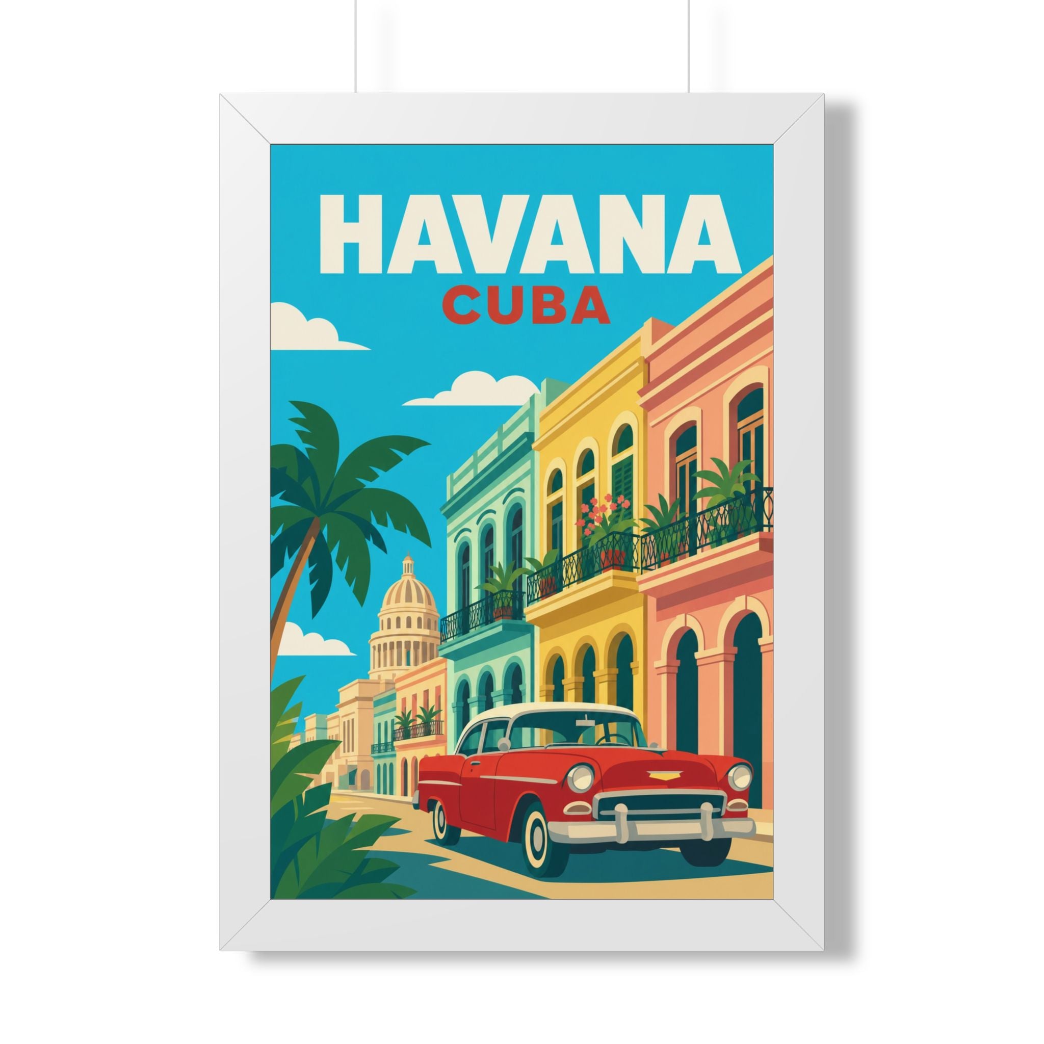 Havana Cuba Framed Poster | Vintage Travel Wall Art | Black Walnut White Frame | 16x24 20x30