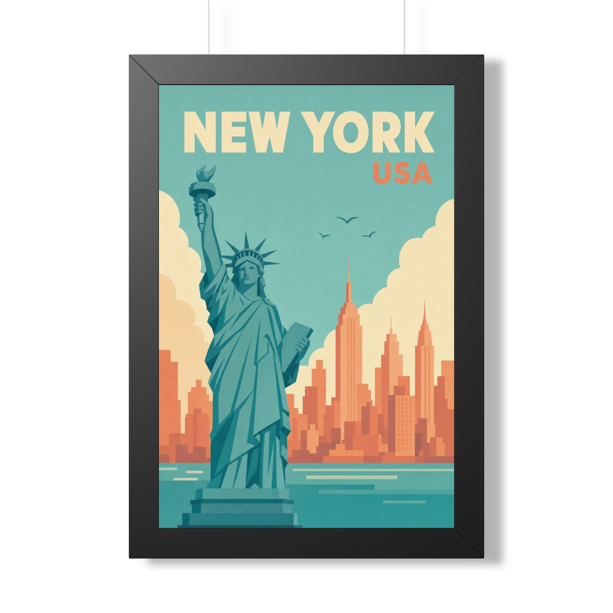 New York Harbor United States Framed Poster | Vintage Travel Wall Art | Black Walnut White Frame | 16x24 20x30