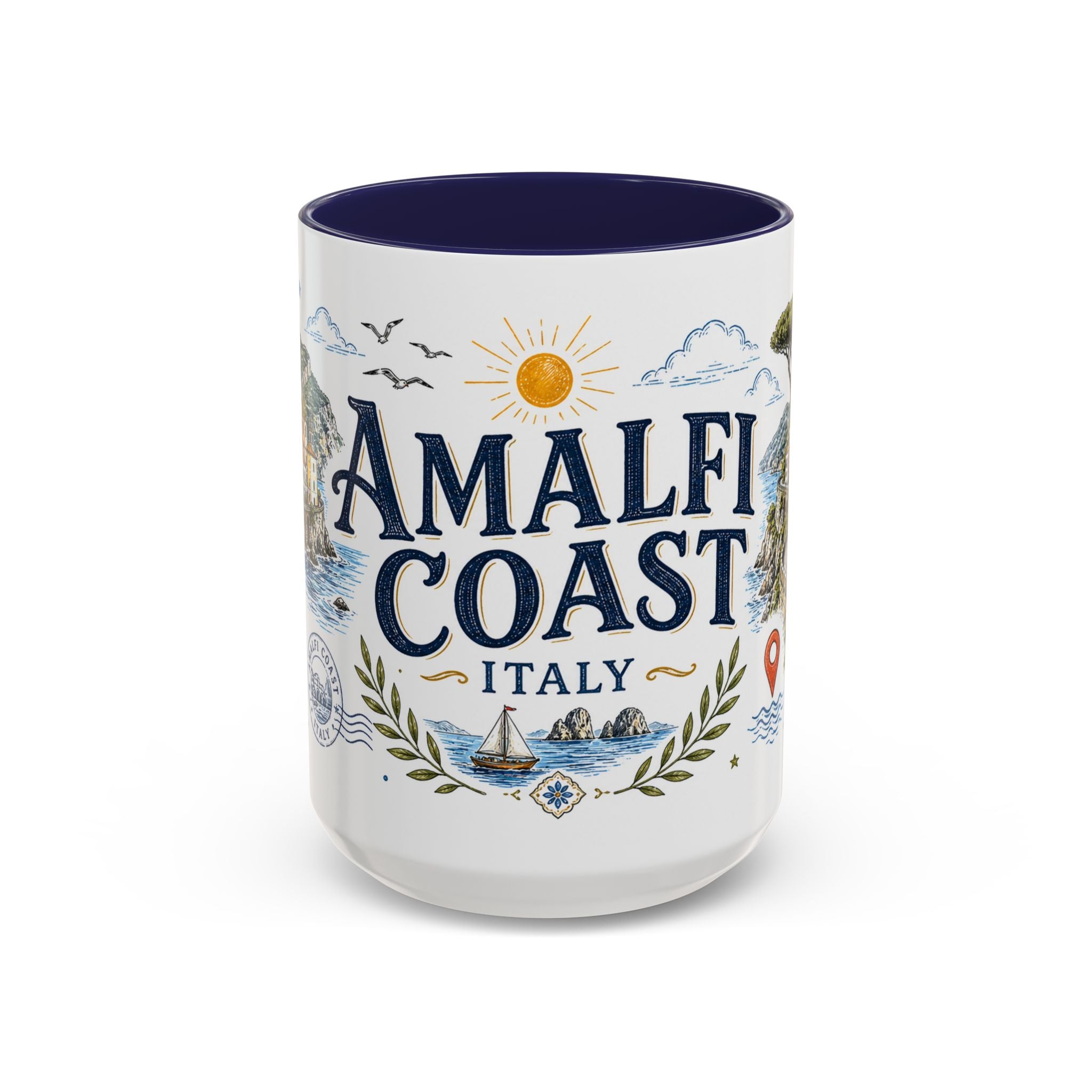 Amalfi Coast Coffee Mug | Travel Destination Souvenir Gift | Accent Color Ceramic 11oz 15oz