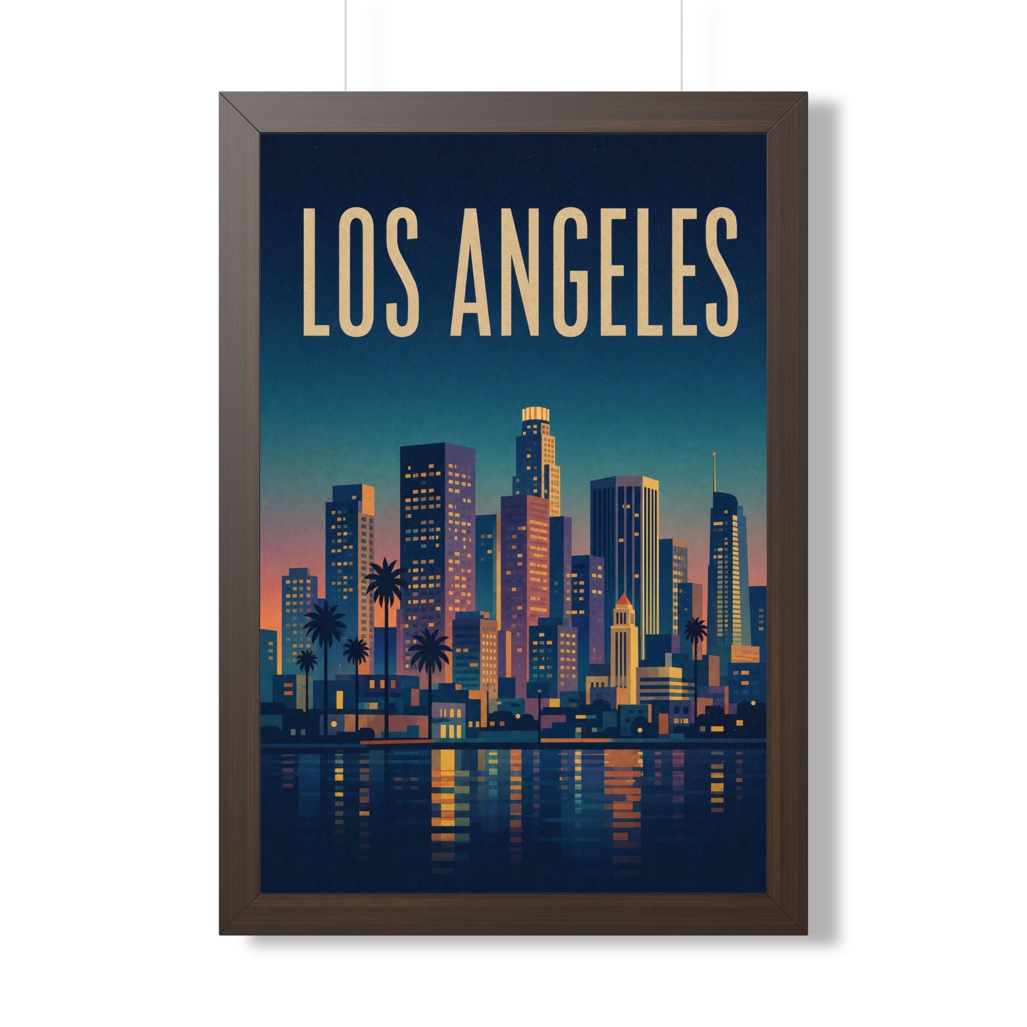 Los Angeles at Night United States Framed Poster | Vintage Travel Wall Art | Black Walnut White Frame | 16x24 20x30