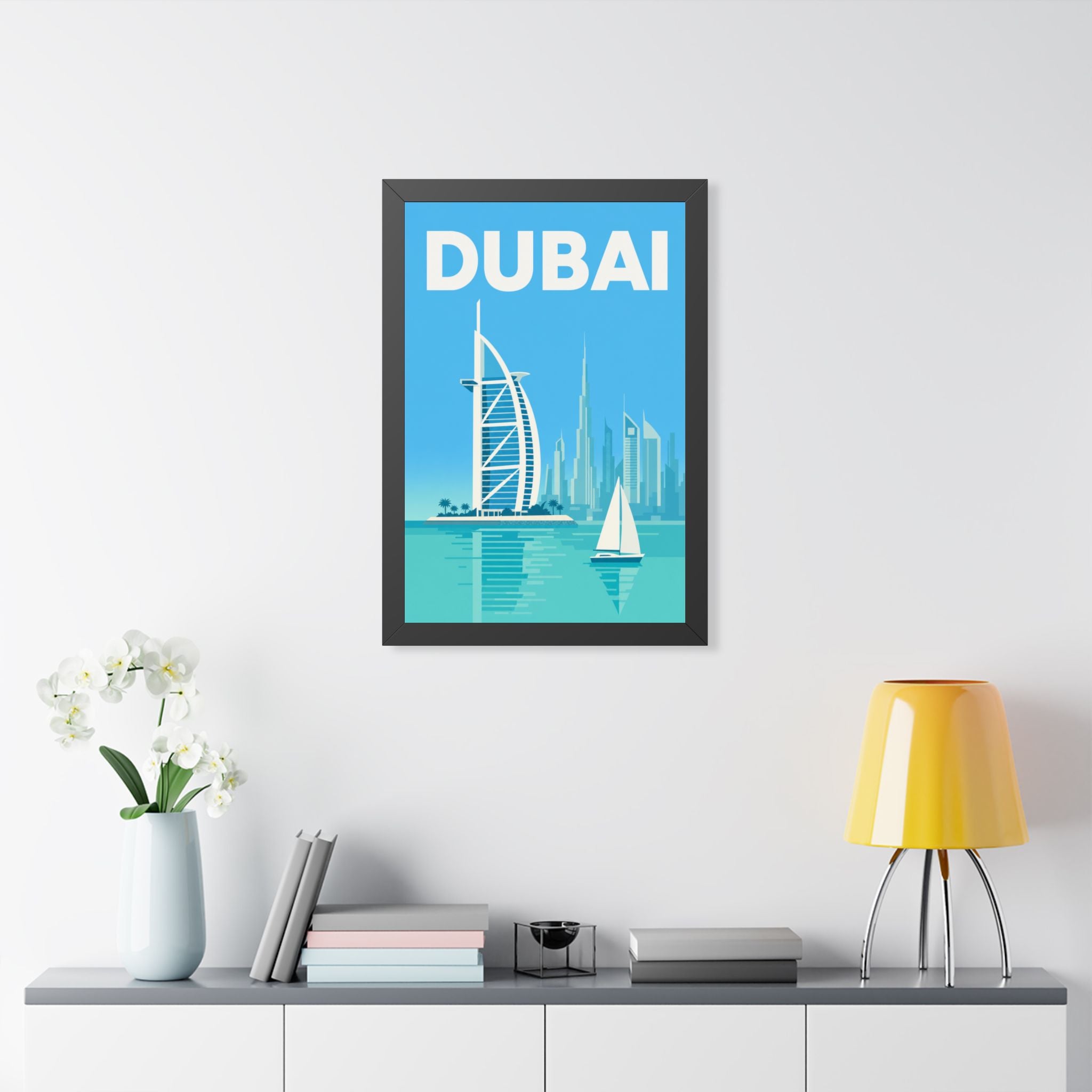 Dubai United Arab Emirates Framed Poster | Vintage Travel Wall Art | Black Walnut White Frame | 16x24 20x30