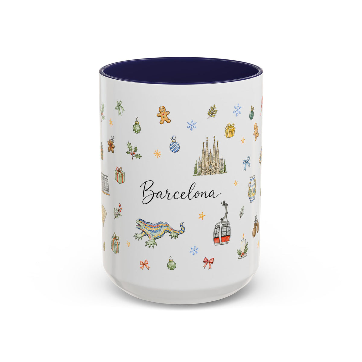 Barcelona Christmas Mug | Watercolor City Souvenir, Ceramic Coffee Cup (11oz/15oz)