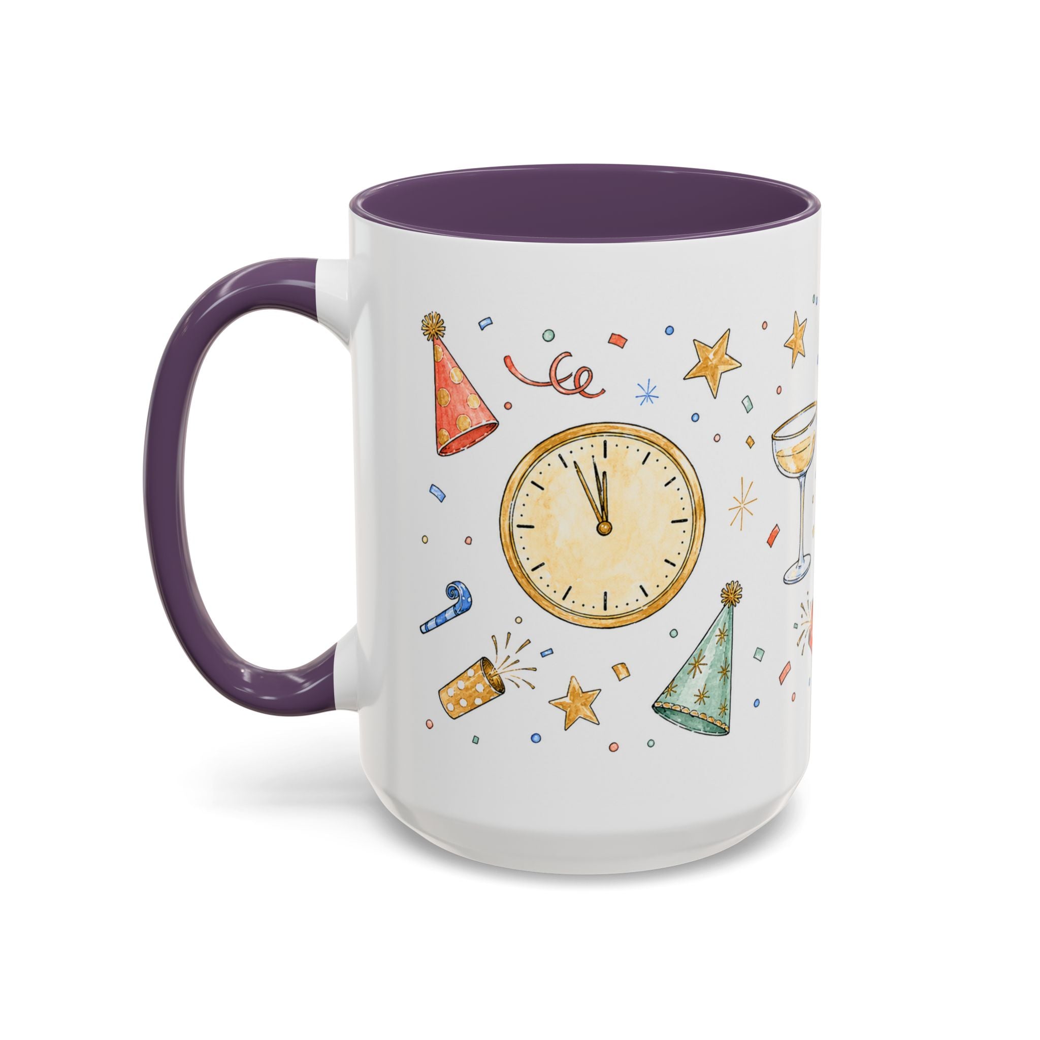 New Year Mug | Midnight Clock Toast Watercolor Celebration Gift | Accent Cup 11oz 15oz