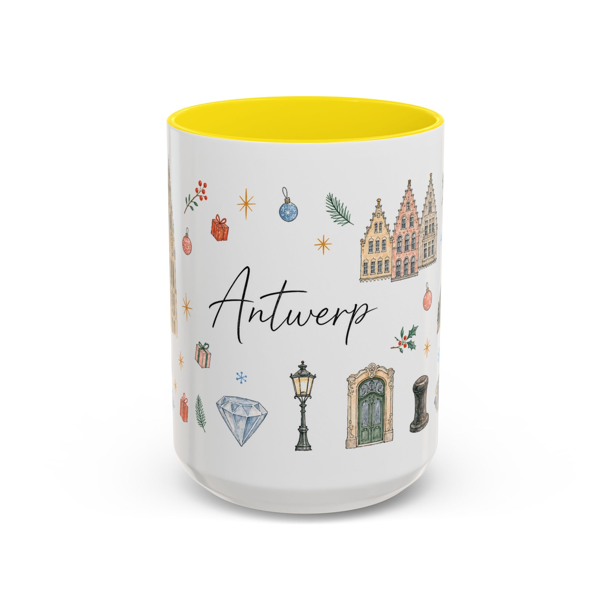 Antwerp Christmas Mug | Watercolor Travel Souvenir | Holiday Gift | Accent Ceramic Coffee Cup 11oz 15oz