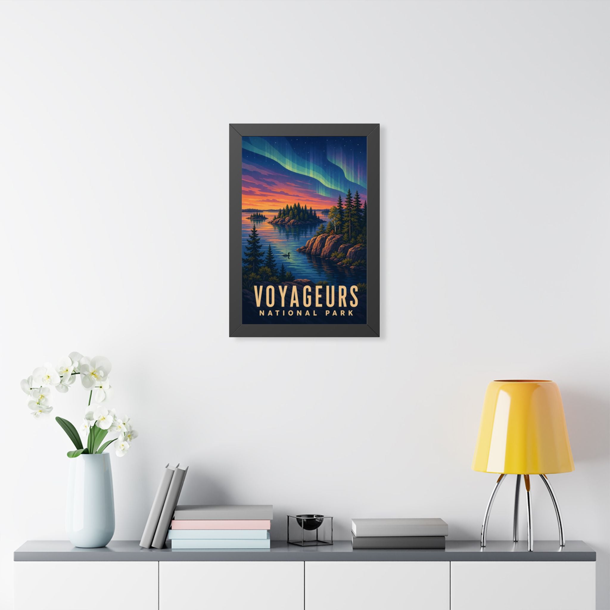 Voyageurs National Park Framed Poster | Vintage Travel Wall Art | Black Walnut White Frame | 16x24 20x30