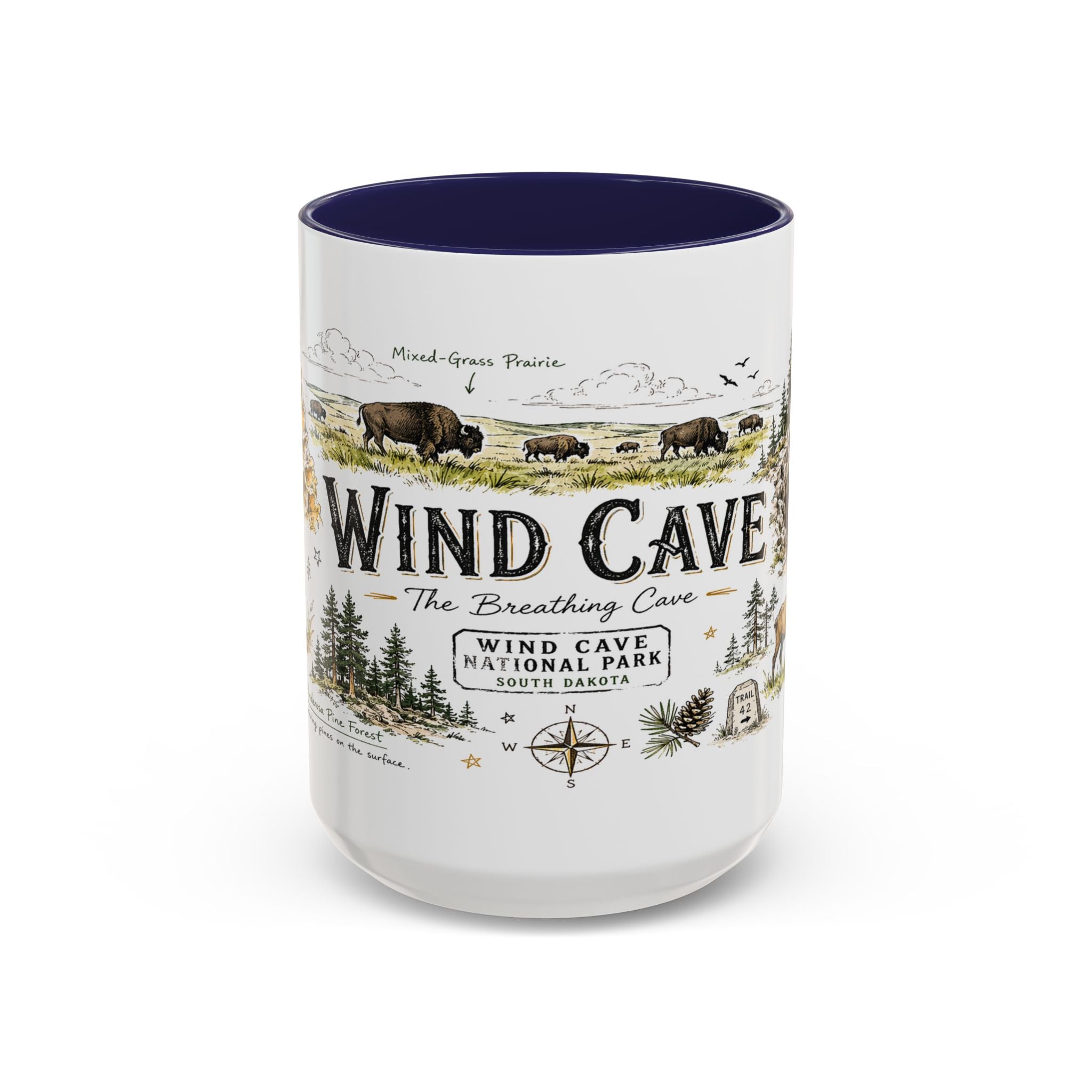 Wind Cave National Park Coffee Mug | South Dakota Cave Bison Prairie Gift | Accent Color Ceramic 11oz 15oz